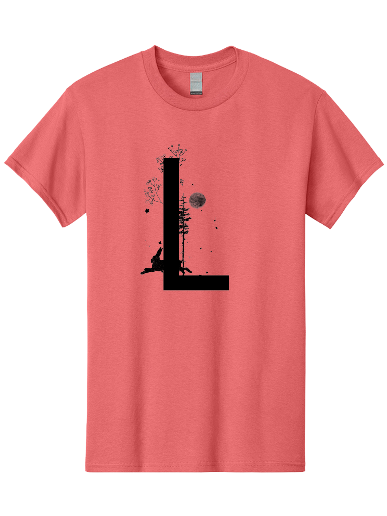 L Men'S Graphic Tee, 100% Cotton, Comfortable Casual Summer Wear, Machine Washable, Silhouette Of Letter L, Mystical Atmosphere, Nighttime Scenery, Full Moon, Stars, Flowers, Abstract Art, Dreamy Landscape, Magical Realism Aac330