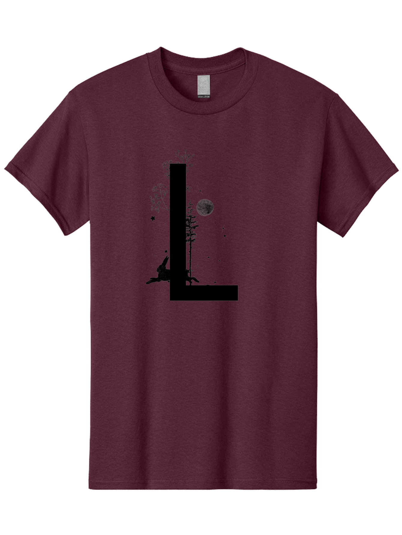 L Men'S Graphic Tee, 100% Cotton, Comfortable Casual Summer Wear, Machine Washable, Silhouette Of Letter L, Mystical Atmosphere, Nighttime Scenery, Full Moon, Stars, Flowers, Abstract Art, Dreamy Landscape, Magical Realism Aac330