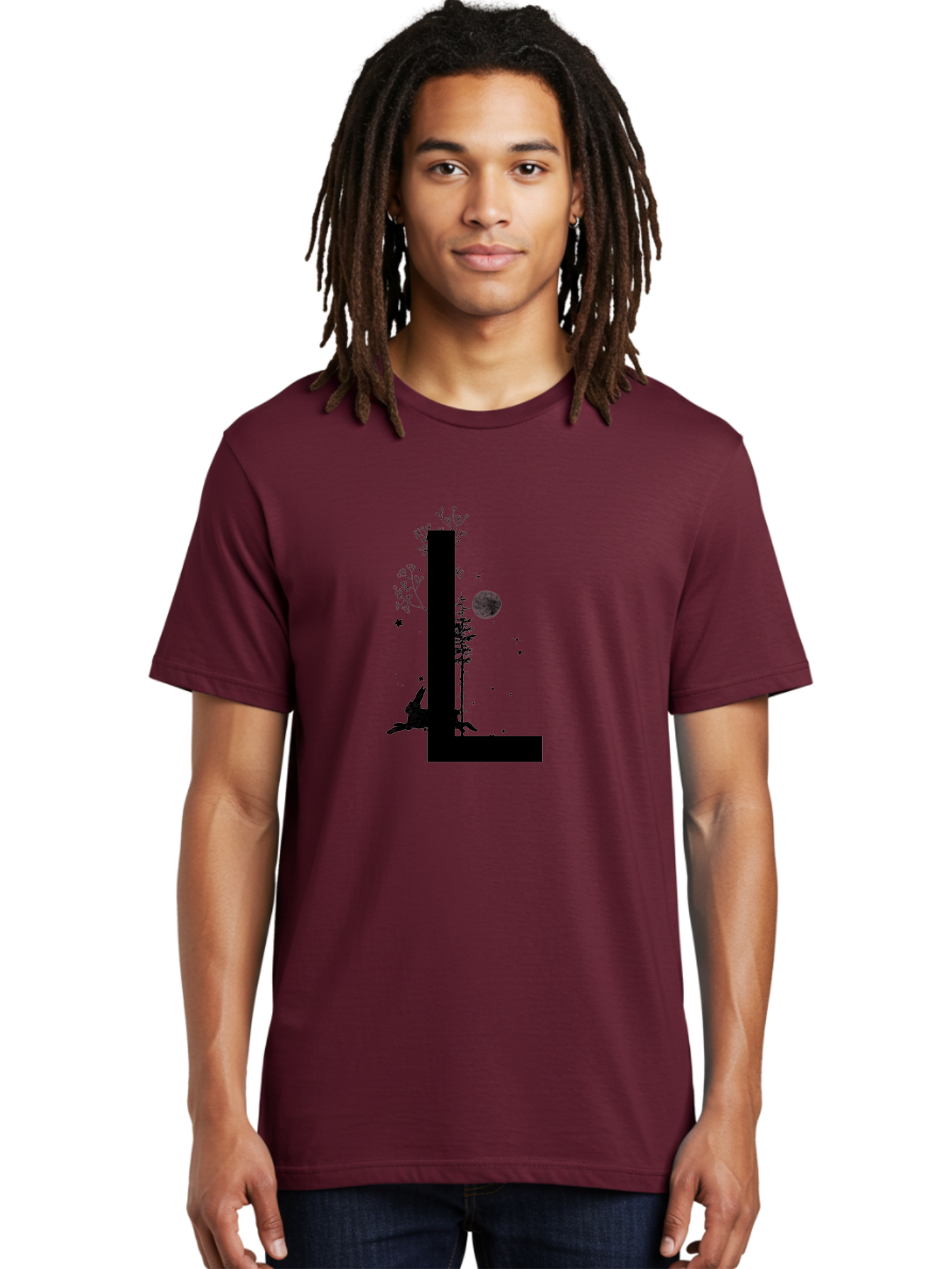 L Men'S Graphic Tee, 100% Cotton, Comfortable Casual Summer Wear, Machine Washable, Silhouette Of Letter L, Mystical Atmosphere, Nighttime Scenery, Full Moon, Stars, Flowers, Abstract Art, Dreamy Landscape, Magical Realism Aac330