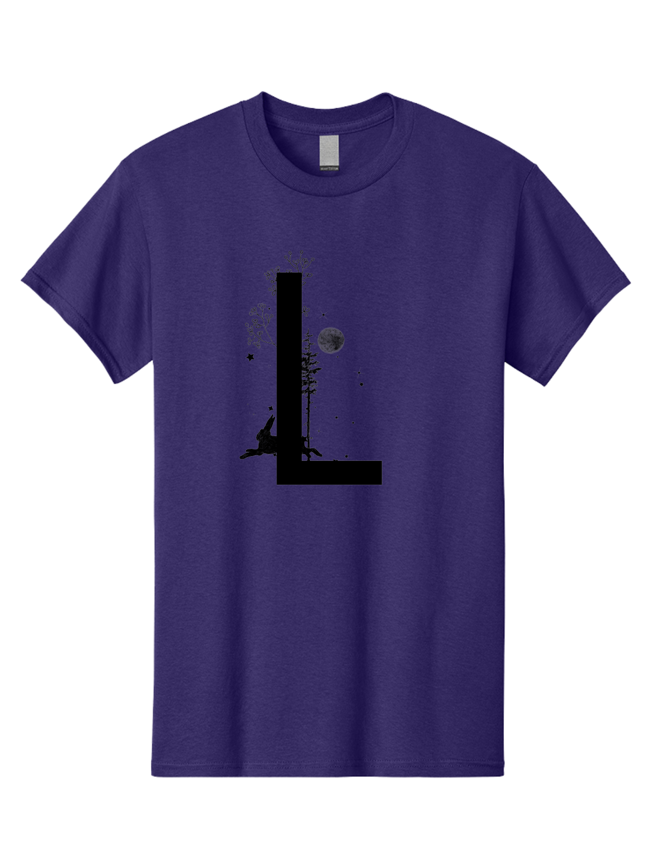 L Men'S Graphic Tee, 100% Cotton, Comfortable Casual Summer Wear, Machine Washable, Silhouette Of Letter L, Mystical Atmosphere, Nighttime Scenery, Full Moon, Stars, Flowers, Abstract Art, Dreamy Landscape, Magical Realism Aac330
