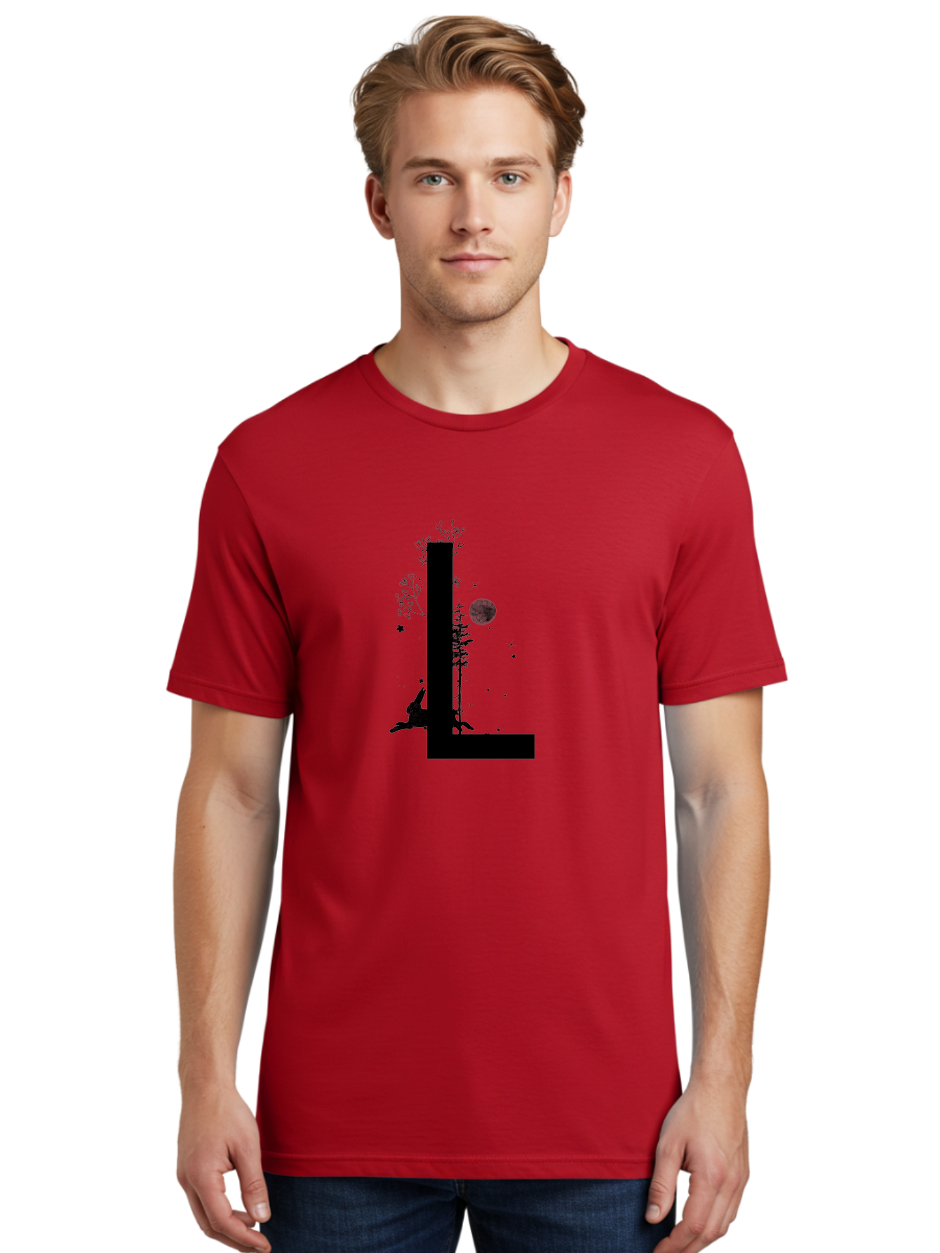 L Men'S Graphic Tee, 100% Cotton, Comfortable Casual Summer Wear, Machine Washable, Silhouette Of Letter L, Mystical Atmosphere, Nighttime Scenery, Full Moon, Stars, Flowers, Abstract Art, Dreamy Landscape, Magical Realism Aac330