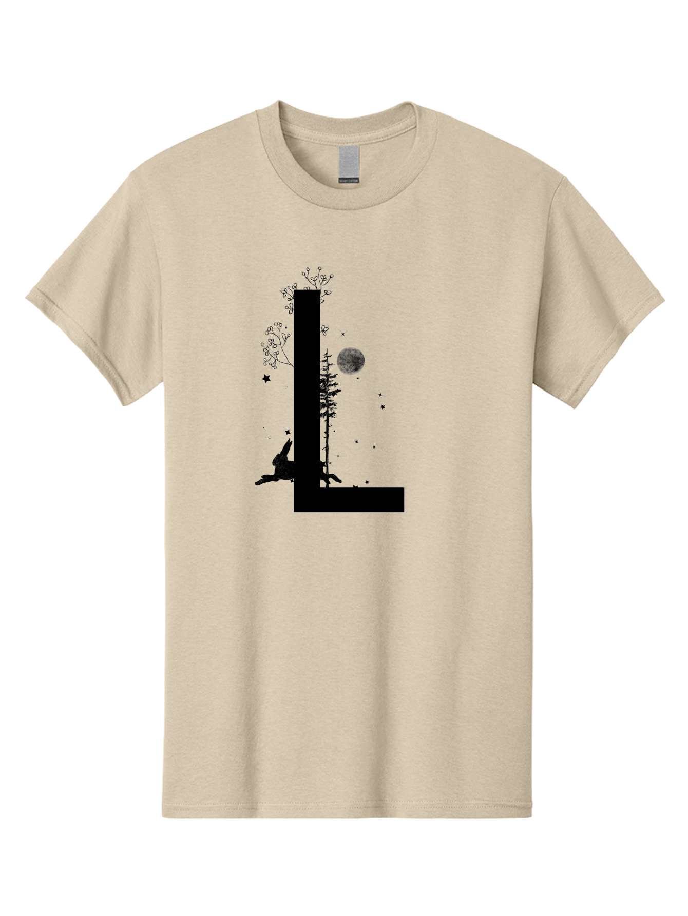 L Men'S Graphic Tee, 100% Cotton, Comfortable Casual Summer Wear, Machine Washable, Silhouette Of Letter L, Mystical Atmosphere, Nighttime Scenery, Full Moon, Stars, Flowers, Abstract Art, Dreamy Landscape, Magical Realism Aac330