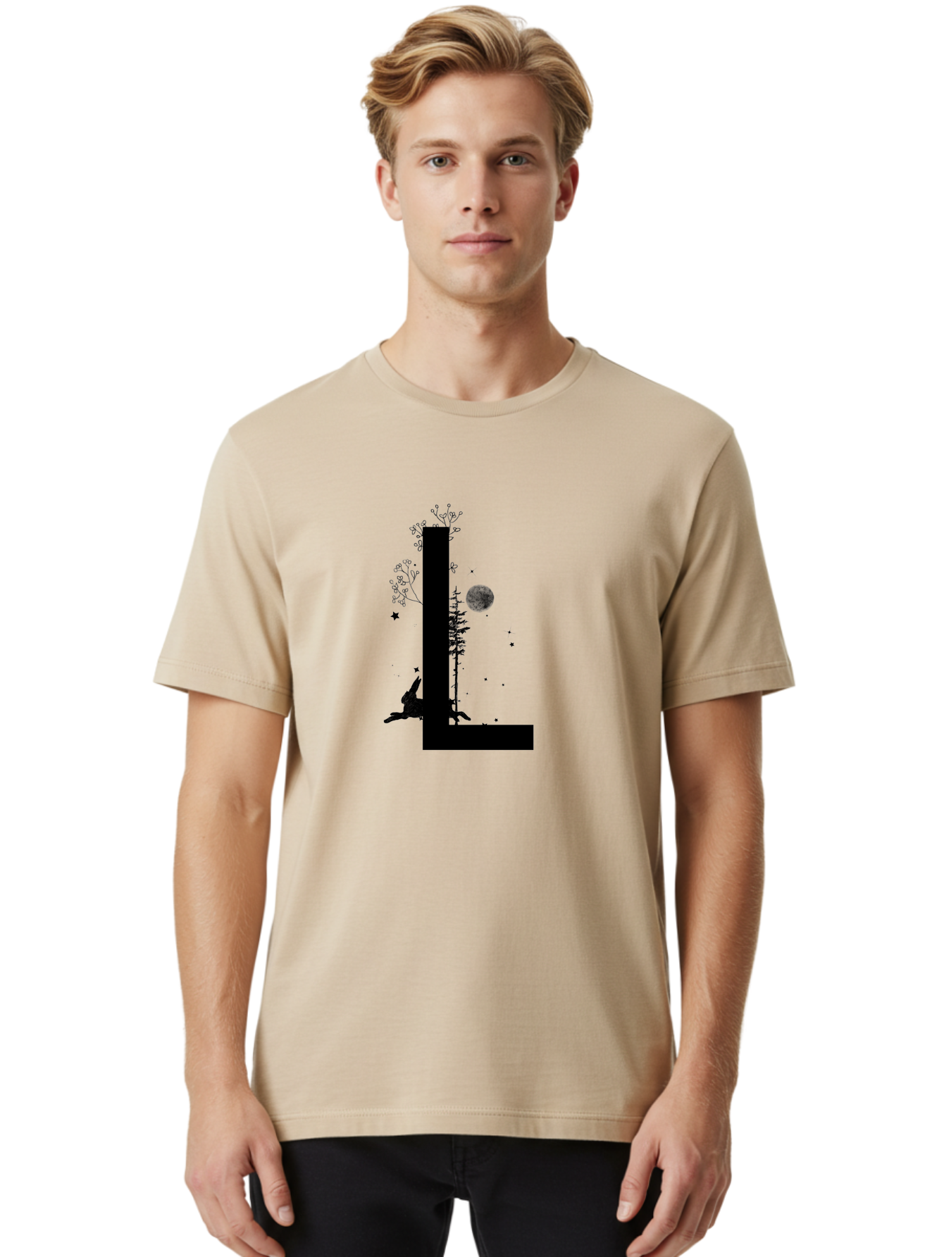 L Men'S Graphic Tee, 100% Cotton, Comfortable Casual Summer Wear, Machine Washable, Silhouette Of Letter L, Mystical Atmosphere, Nighttime Scenery, Full Moon, Stars, Flowers, Abstract Art, Dreamy Landscape, Magical Realism Aac330
