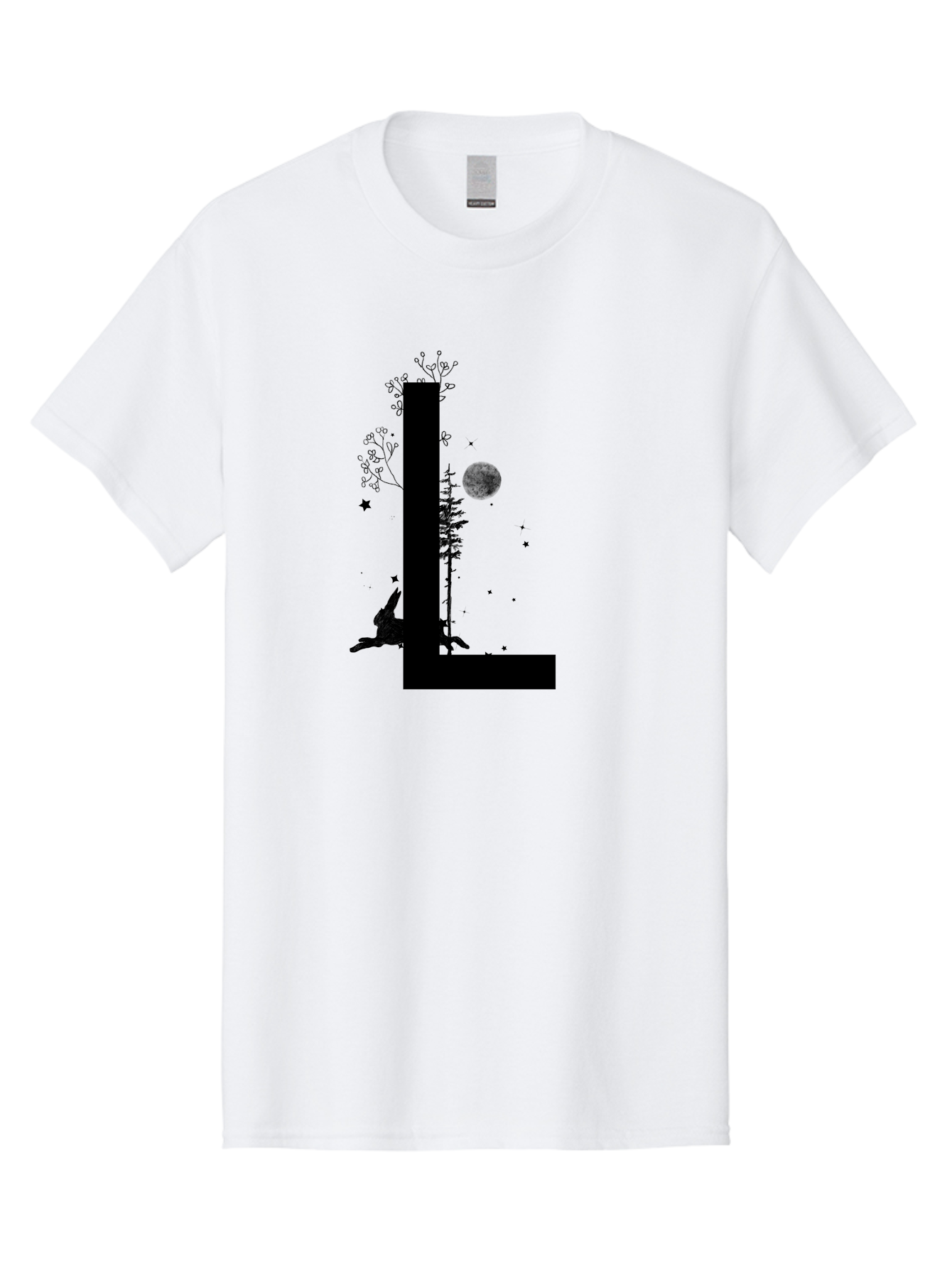 L Men'S Graphic Tee, 100% Cotton, Comfortable Casual Summer Wear, Machine Washable, Silhouette Of Letter L, Mystical Atmosphere, Nighttime Scenery, Full Moon, Stars, Flowers, Abstract Art, Dreamy Landscape, Magical Realism Aac330