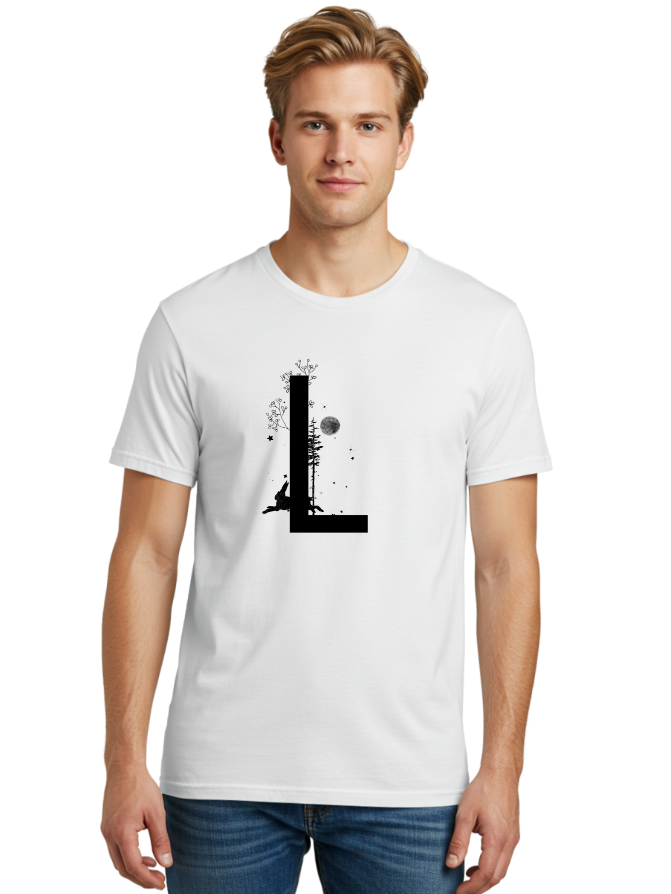L Men'S Graphic Tee, 100% Cotton, Comfortable Casual Summer Wear, Machine Washable, Silhouette Of Letter L, Mystical Atmosphere, Nighttime Scenery, Full Moon, Stars, Flowers, Abstract Art, Dreamy Landscape, Magical Realism Aac330