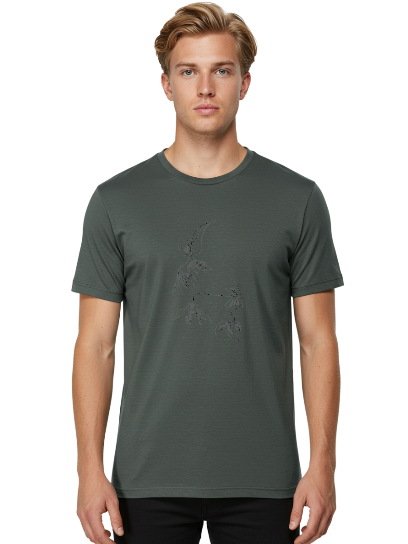 Leaves-1 Men'S Graphic Tee, 100% Cotton, Comfortable Casual Summer Wear, Machine Washable, Sketchy Vines, Delicate Leaves, Minimalist Art, Flowing Stems, Simple Lines, Botanical Illustration, Natural Elegance Aac331