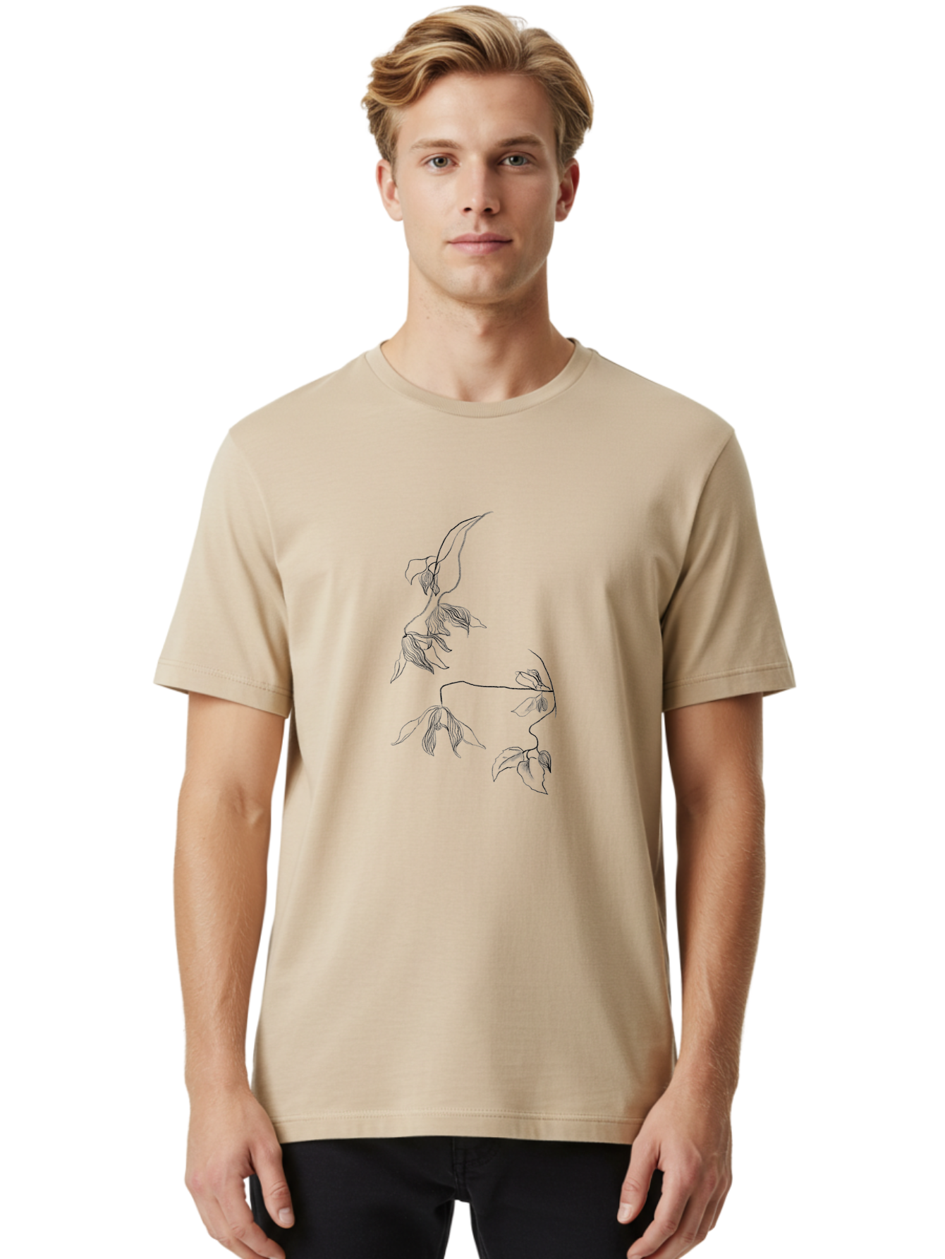 Leaves-1 Men'S Graphic Tee, 100% Cotton, Comfortable Casual Summer Wear, Machine Washable, Sketchy Vines, Delicate Leaves, Minimalist Art, Flowing Stems, Simple Lines, Botanical Illustration, Natural Elegance Aac331