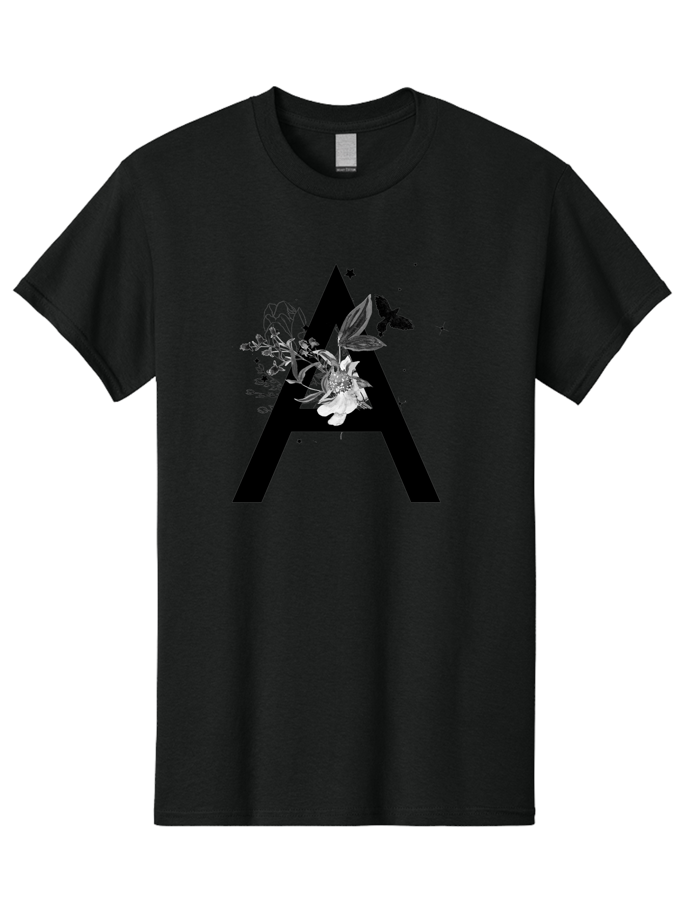 Letter-A Men'S Graphic Tee, 100% Cotton, Comfortable Casual Summer Wear, Machine Washable, Letter A, Floral Decor, Black Lettering, White Flowers, Dark Birds, Ink Splatters, Artistic Typography, Elegant Design, Modern Calligraphy Aac333