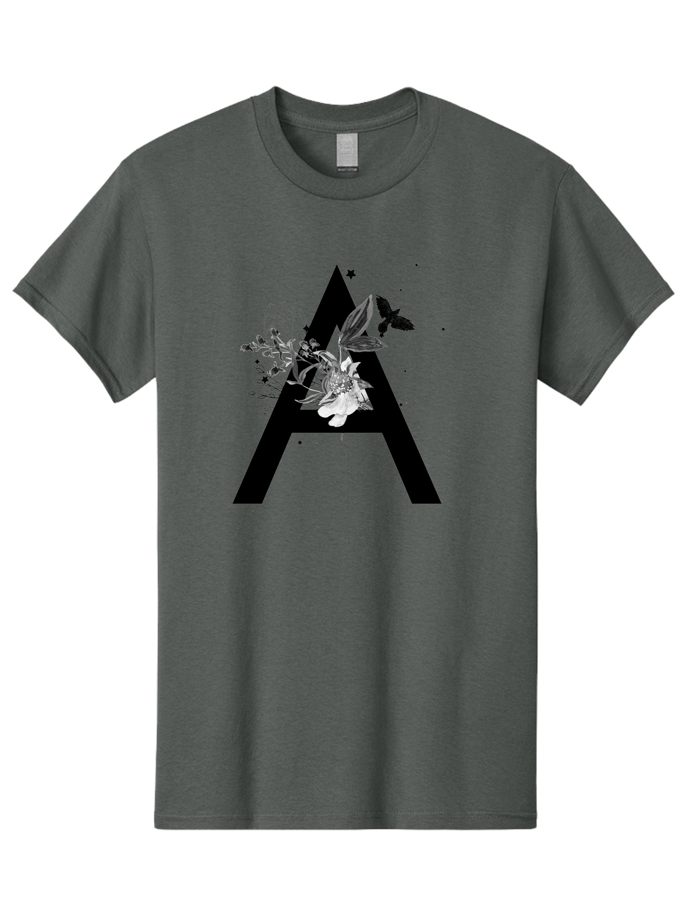 Letter-A Men'S Graphic Tee, 100% Cotton, Comfortable Casual Summer Wear, Machine Washable, Letter A, Floral Decor, Black Lettering, White Flowers, Dark Birds, Ink Splatters, Artistic Typography, Elegant Design, Modern Calligraphy Aac333