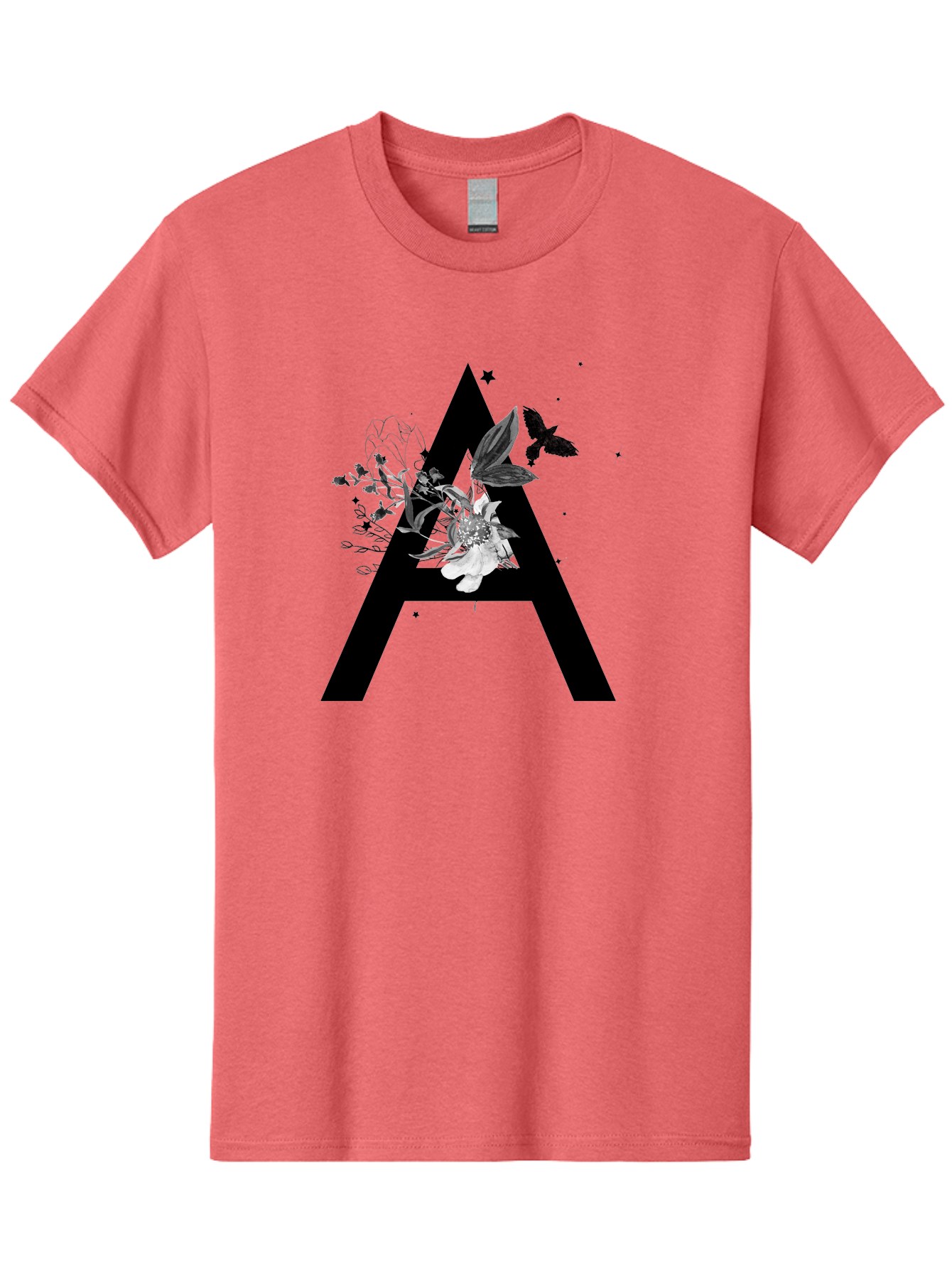 Letter-A Men'S Graphic Tee, 100% Cotton, Comfortable Casual Summer Wear, Machine Washable, Letter A, Floral Decor, Black Lettering, White Flowers, Dark Birds, Ink Splatters, Artistic Typography, Elegant Design, Modern Calligraphy Aac333