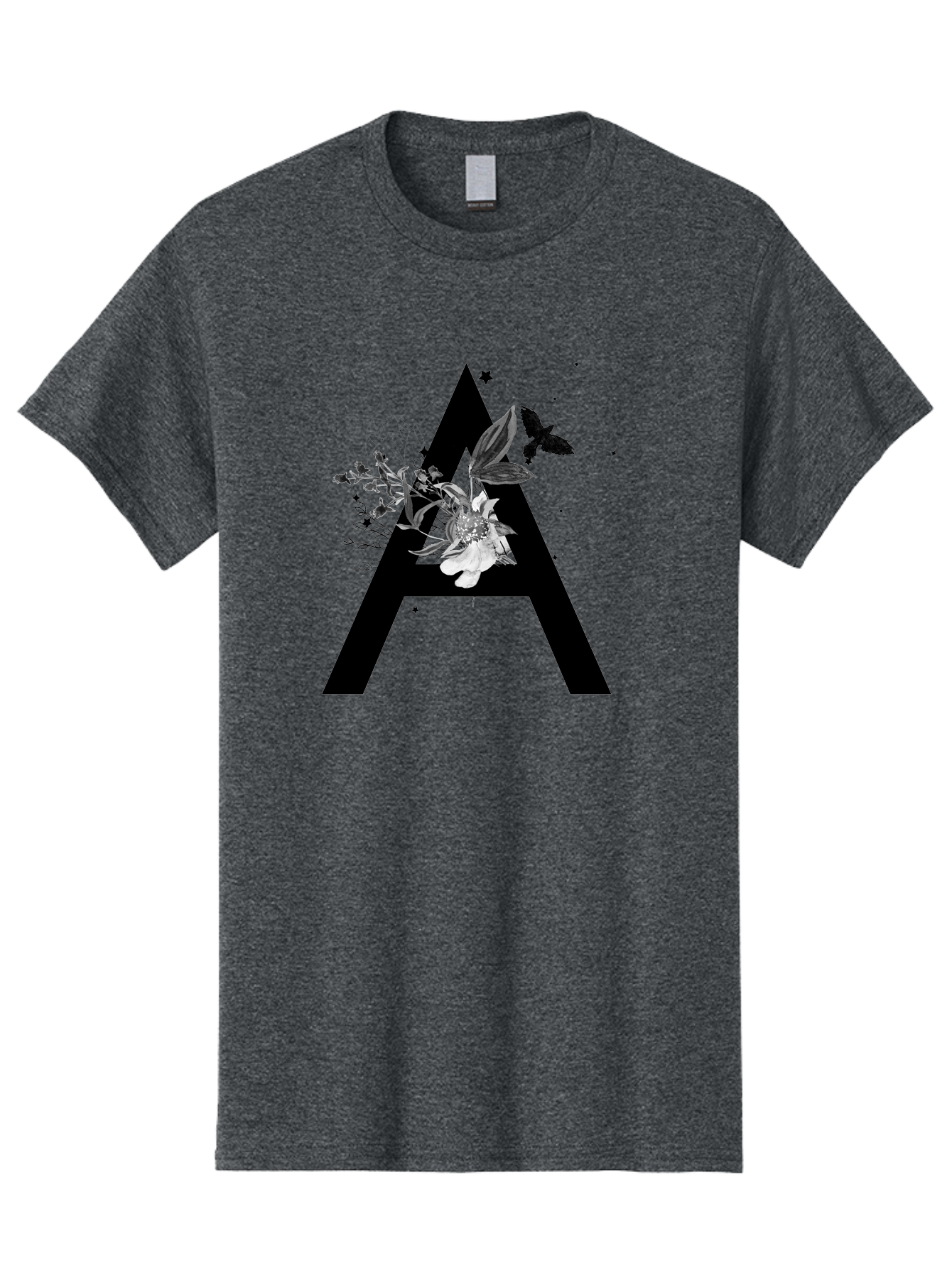 Letter-A Men'S Graphic Tee, 100% Cotton, Comfortable Casual Summer Wear, Machine Washable, Letter A, Floral Decor, Black Lettering, White Flowers, Dark Birds, Ink Splatters, Artistic Typography, Elegant Design, Modern Calligraphy Aac333