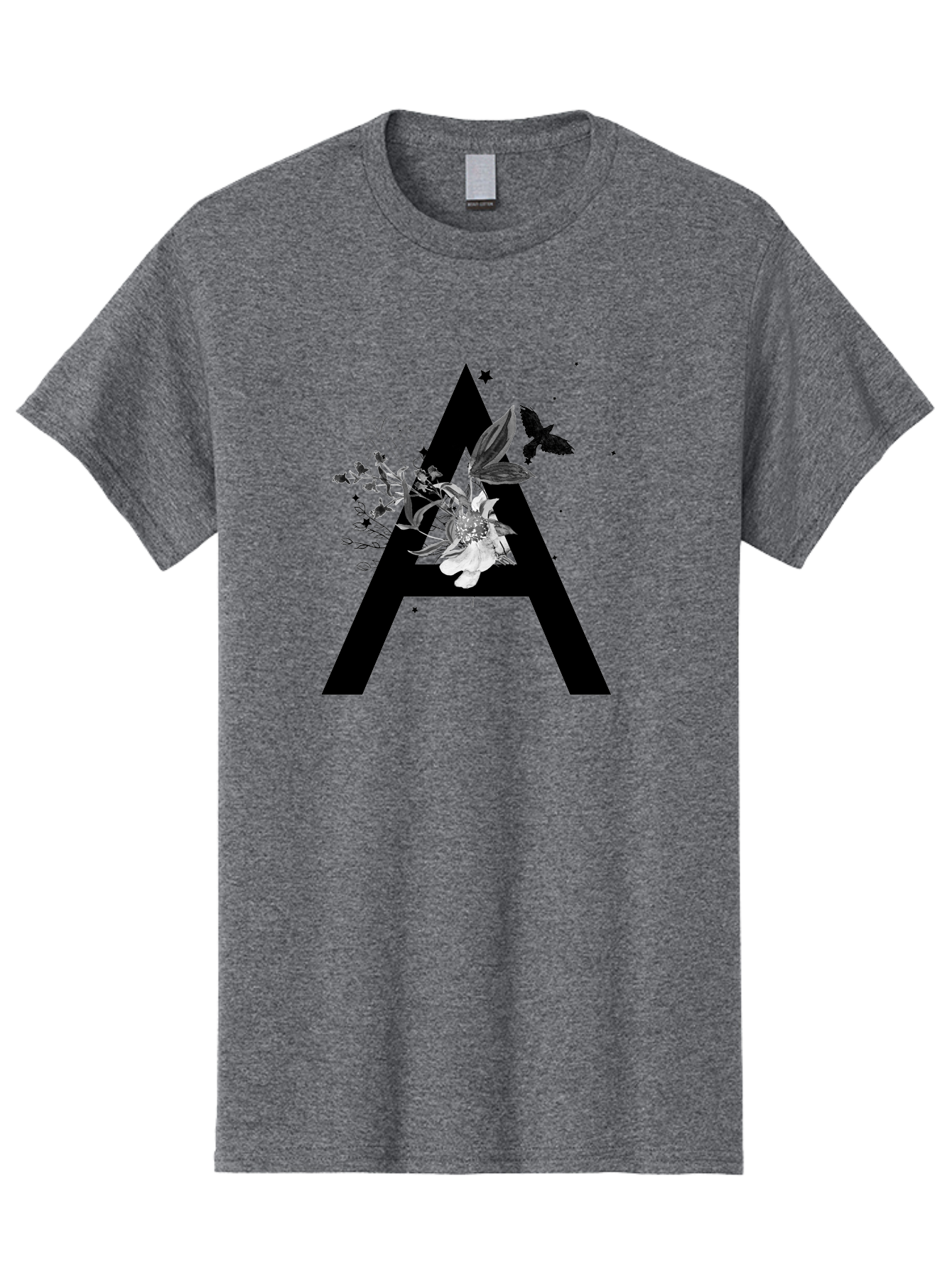 Letter-A Men'S Graphic Tee, 100% Cotton, Comfortable Casual Summer Wear, Machine Washable, Letter A, Floral Decor, Black Lettering, White Flowers, Dark Birds, Ink Splatters, Artistic Typography, Elegant Design, Modern Calligraphy Aac333