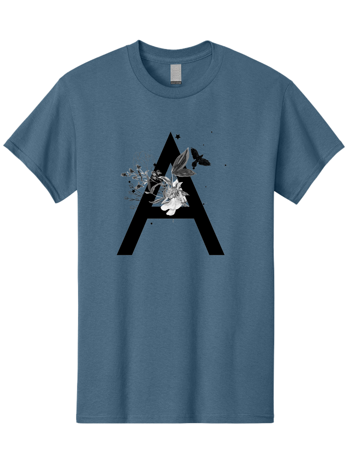 Letter-A Men'S Graphic Tee, 100% Cotton, Comfortable Casual Summer Wear, Machine Washable, Letter A, Floral Decor, Black Lettering, White Flowers, Dark Birds, Ink Splatters, Artistic Typography, Elegant Design, Modern Calligraphy Aac333