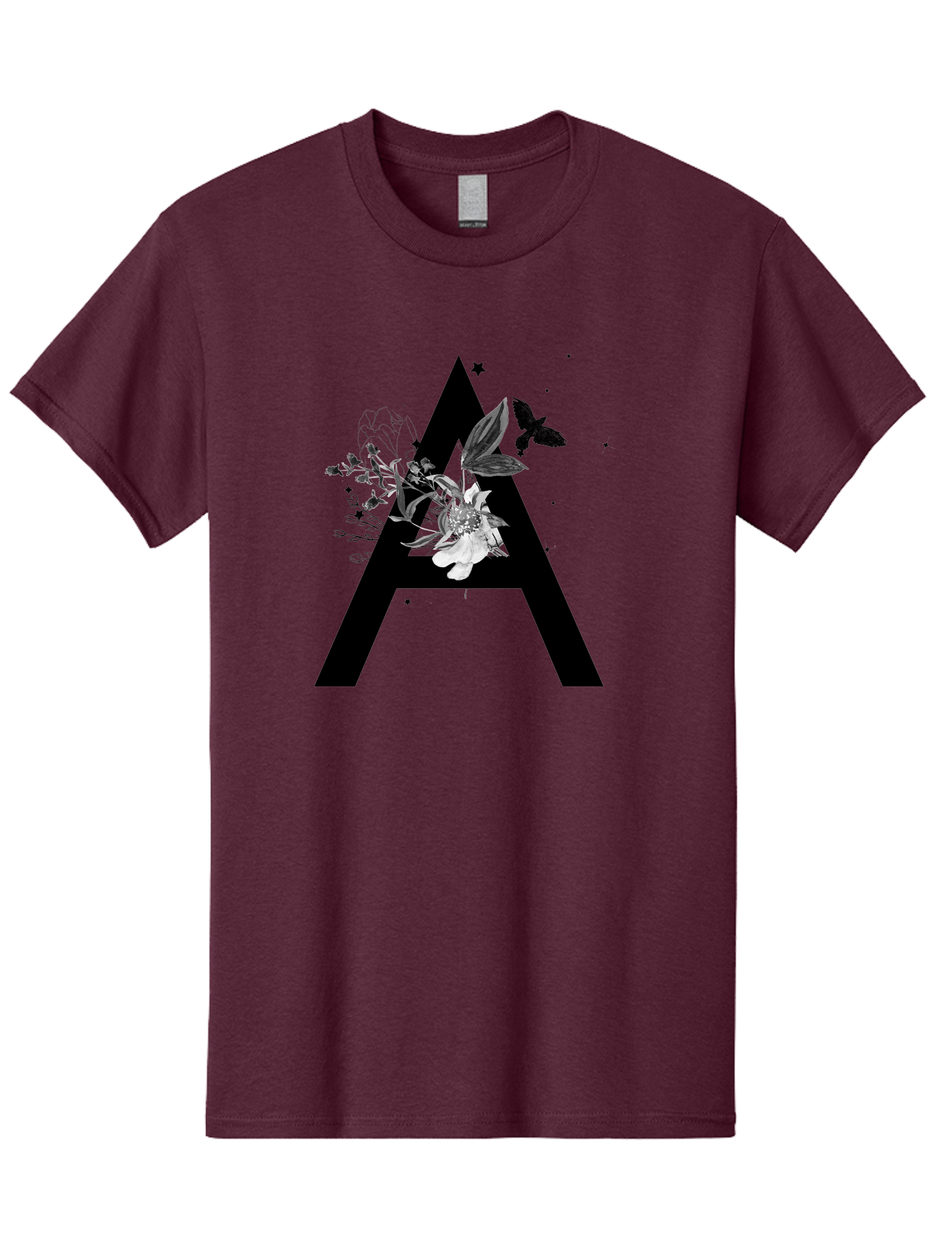 Letter-A Men'S Graphic Tee, 100% Cotton, Comfortable Casual Summer Wear, Machine Washable, Letter A, Floral Decor, Black Lettering, White Flowers, Dark Birds, Ink Splatters, Artistic Typography, Elegant Design, Modern Calligraphy Aac333