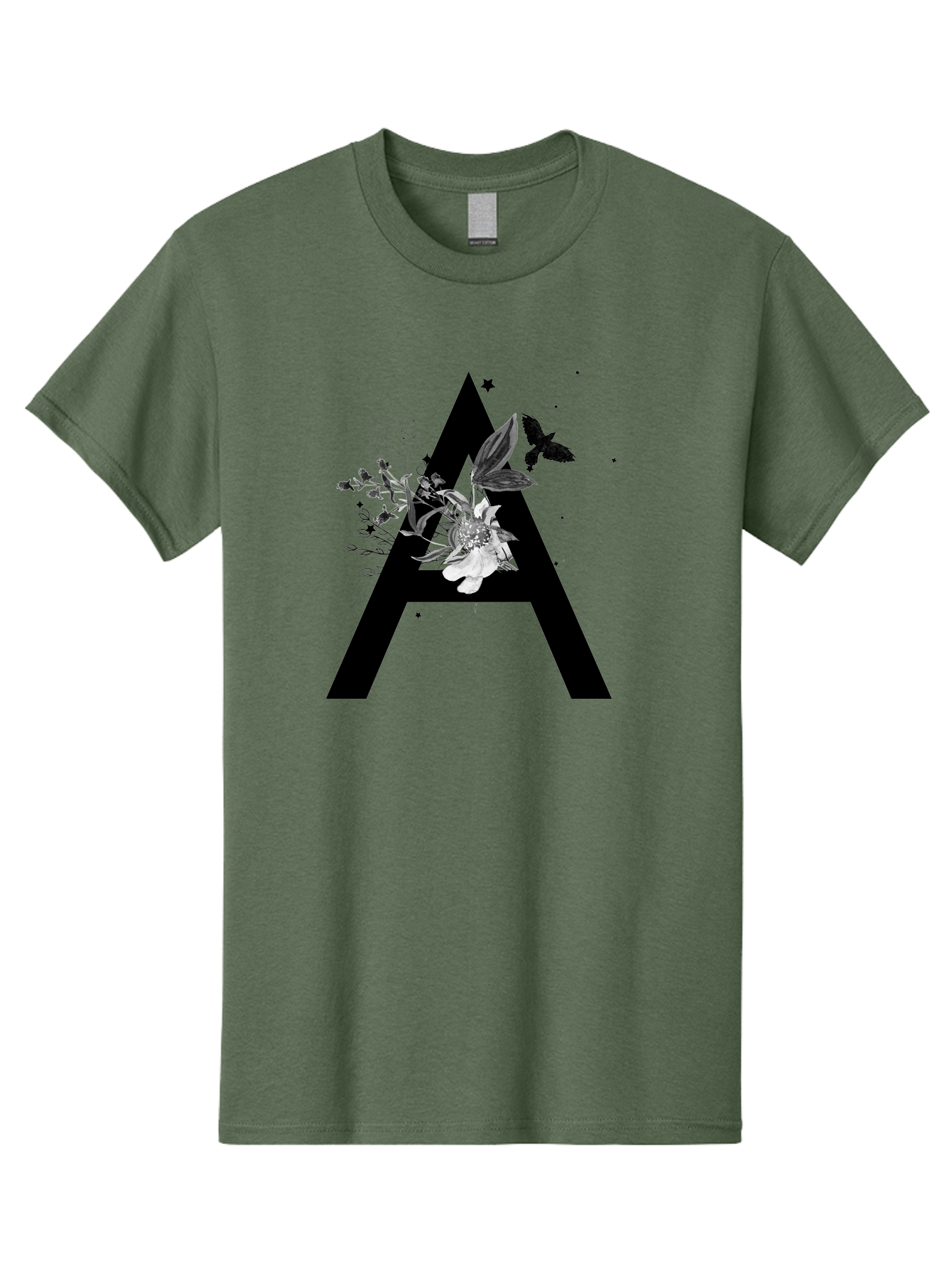 Letter-A Men'S Graphic Tee, 100% Cotton, Comfortable Casual Summer Wear, Machine Washable, Letter A, Floral Decor, Black Lettering, White Flowers, Dark Birds, Ink Splatters, Artistic Typography, Elegant Design, Modern Calligraphy Aac333