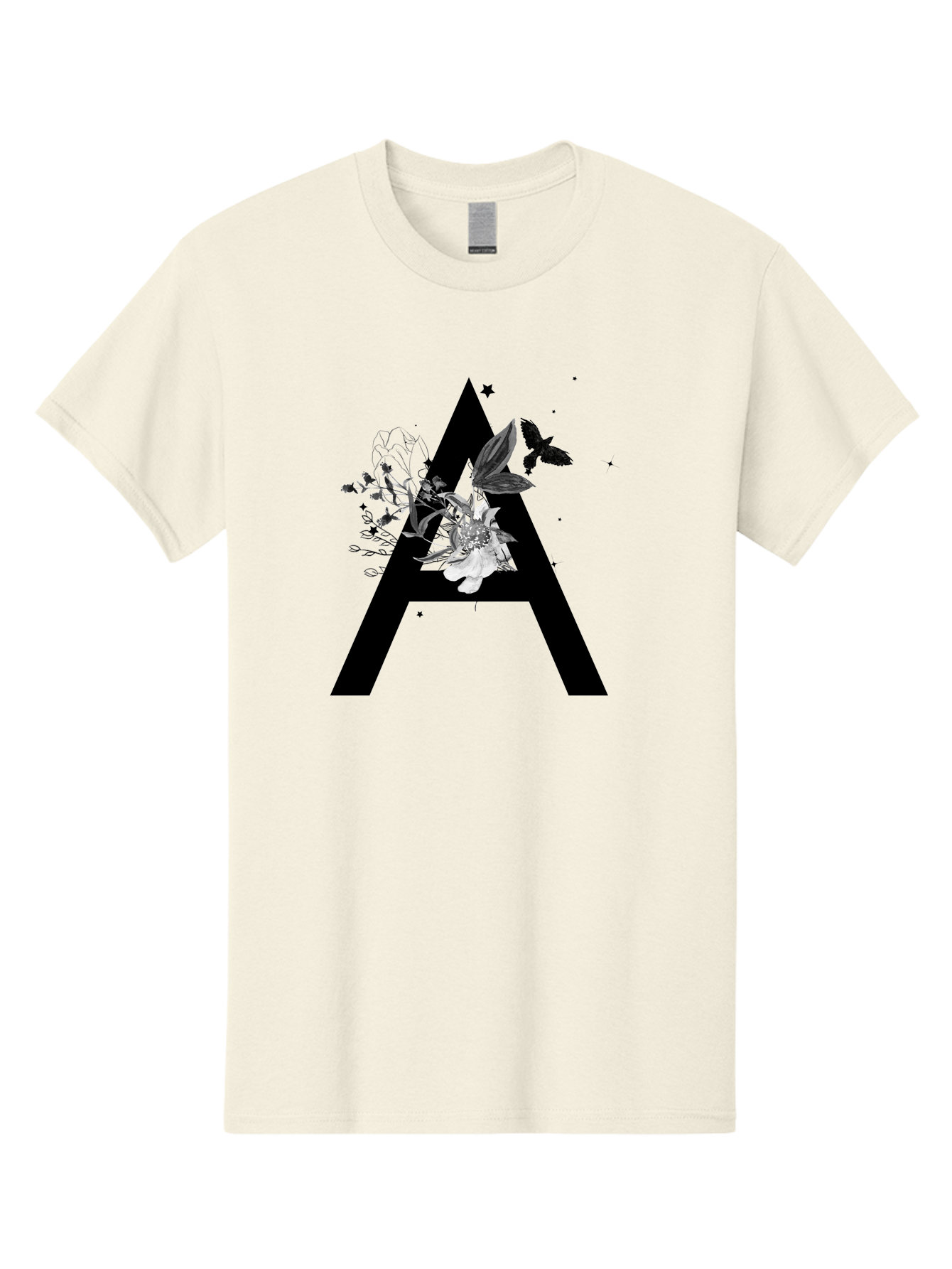 Letter-A Men'S Graphic Tee, 100% Cotton, Comfortable Casual Summer Wear, Machine Washable, Letter A, Floral Decor, Black Lettering, White Flowers, Dark Birds, Ink Splatters, Artistic Typography, Elegant Design, Modern Calligraphy Aac333