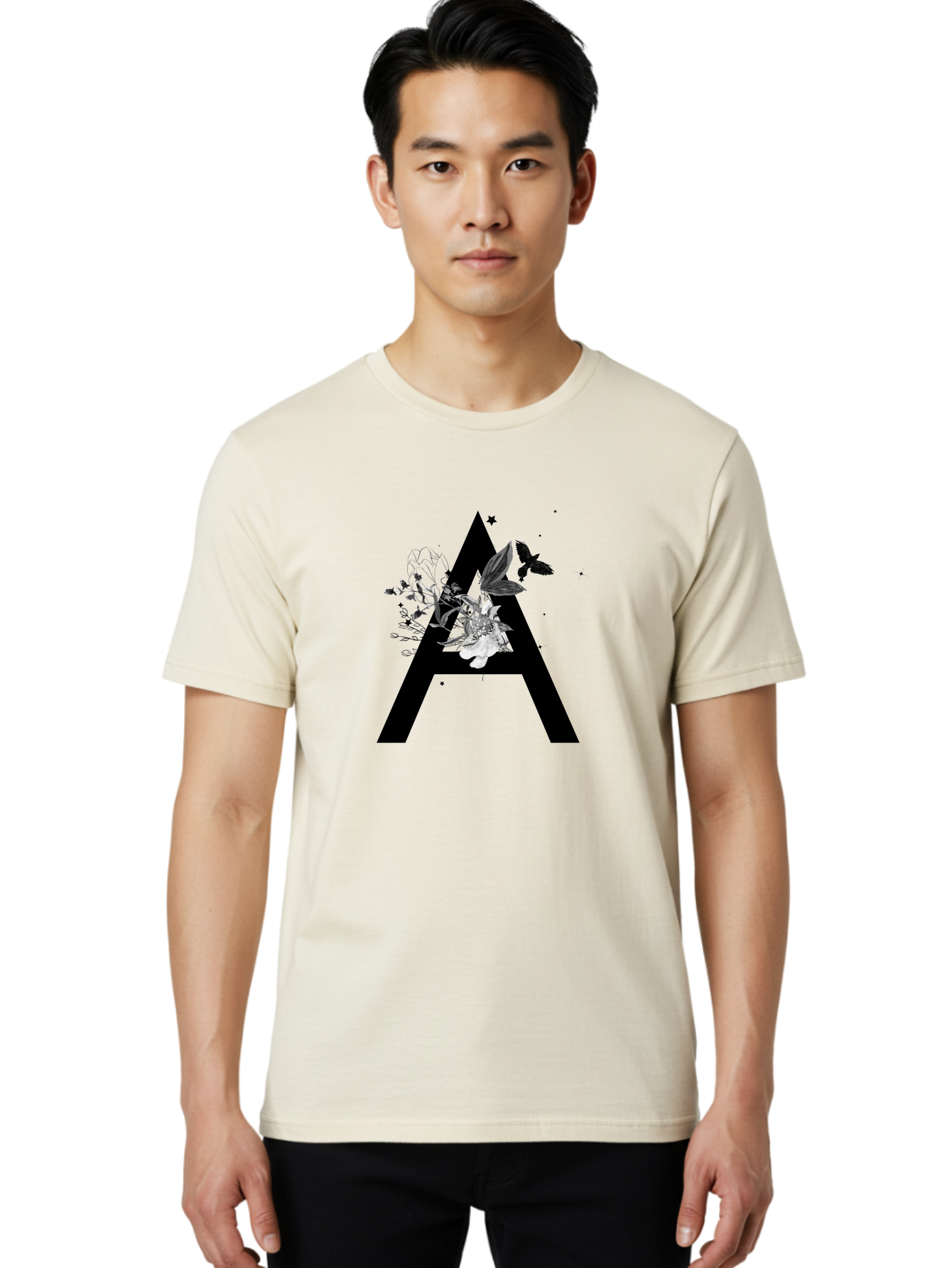 Letter-A Men'S Graphic Tee, 100% Cotton, Comfortable Casual Summer Wear, Machine Washable, Letter A, Floral Decor, Black Lettering, White Flowers, Dark Birds, Ink Splatters, Artistic Typography, Elegant Design, Modern Calligraphy Aac333