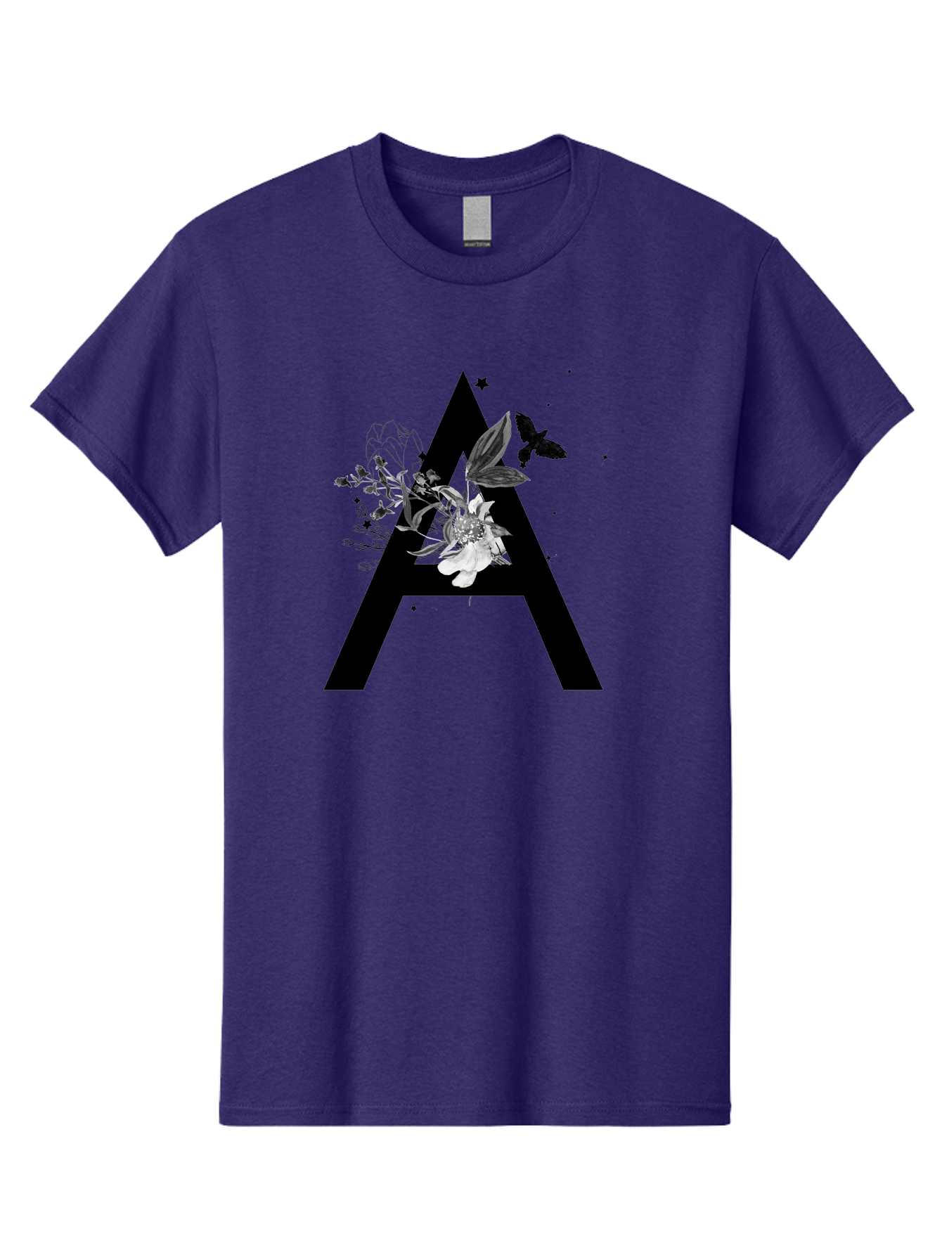 Letter-A Men'S Graphic Tee, 100% Cotton, Comfortable Casual Summer Wear, Machine Washable, Letter A, Floral Decor, Black Lettering, White Flowers, Dark Birds, Ink Splatters, Artistic Typography, Elegant Design, Modern Calligraphy Aac333