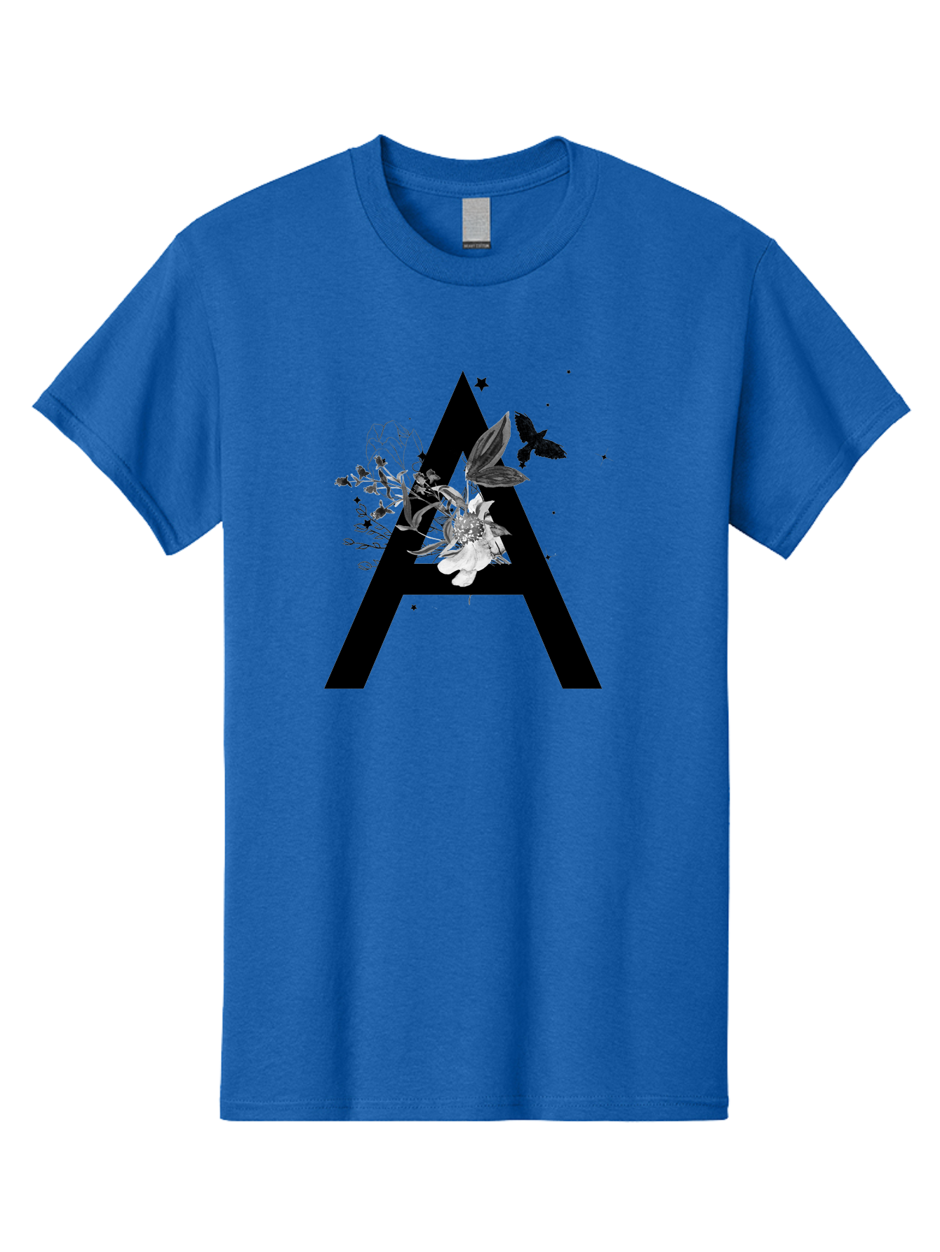 Letter-A Men'S Graphic Tee, 100% Cotton, Comfortable Casual Summer Wear, Machine Washable, Letter A, Floral Decor, Black Lettering, White Flowers, Dark Birds, Ink Splatters, Artistic Typography, Elegant Design, Modern Calligraphy Aac333