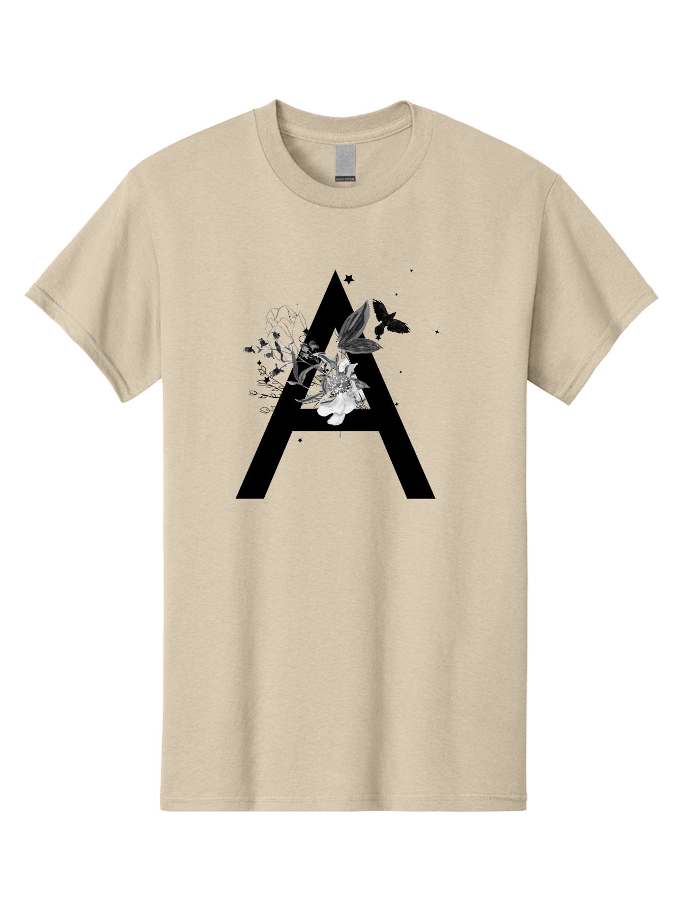 Letter-A Men'S Graphic Tee, 100% Cotton, Comfortable Casual Summer Wear, Machine Washable, Letter A, Floral Decor, Black Lettering, White Flowers, Dark Birds, Ink Splatters, Artistic Typography, Elegant Design, Modern Calligraphy Aac333