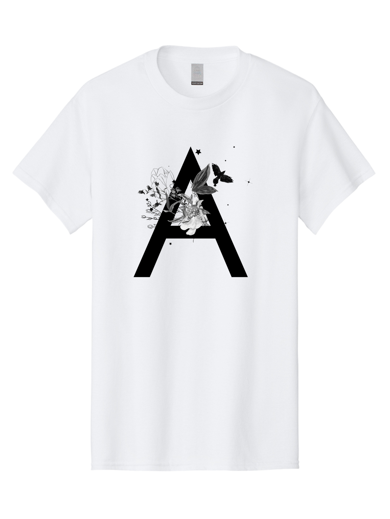 Letter-A Men'S Graphic Tee, 100% Cotton, Comfortable Casual Summer Wear, Machine Washable, Letter A, Floral Decor, Black Lettering, White Flowers, Dark Birds, Ink Splatters, Artistic Typography, Elegant Design, Modern Calligraphy Aac333
