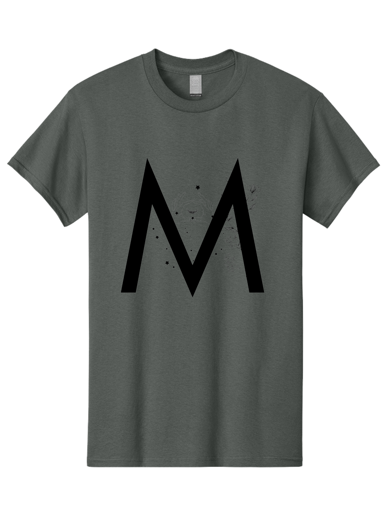 M Men'S Graphic Tee, 100% Cotton, Comfortable Casual Summer Wear, Machine Washable, Mystical M, Black Lettering, Stars, Flowers, Mystical Imagery, Spiritual Symbolism, Celestial Design, Bohemian Style, Modern Mysticism, Dreamy Atmosphere Aac335