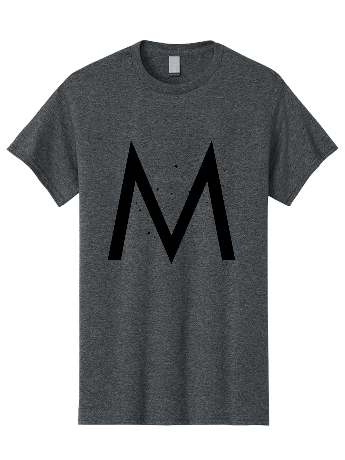 M Men'S Graphic Tee, 100% Cotton, Comfortable Casual Summer Wear, Machine Washable, Mystical M, Black Lettering, Stars, Flowers, Mystical Imagery, Spiritual Symbolism, Celestial Design, Bohemian Style, Modern Mysticism, Dreamy Atmosphere Aac335