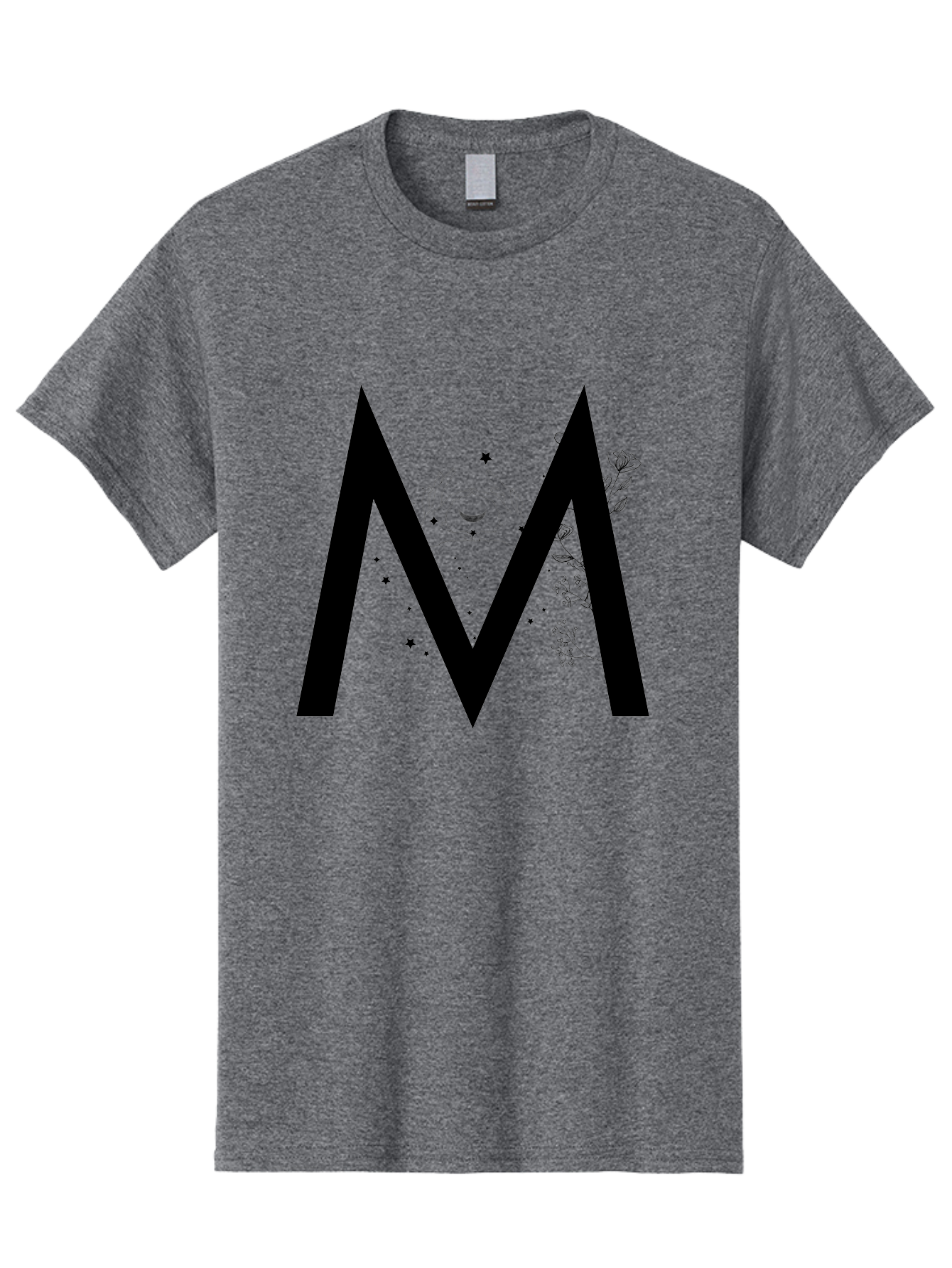 M Men'S Graphic Tee, 100% Cotton, Comfortable Casual Summer Wear, Machine Washable, Mystical M, Black Lettering, Stars, Flowers, Mystical Imagery, Spiritual Symbolism, Celestial Design, Bohemian Style, Modern Mysticism, Dreamy Atmosphere Aac335