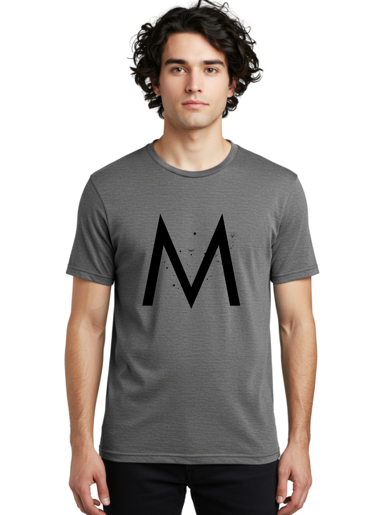 M Men'S Graphic Tee, 100% Cotton, Comfortable Casual Summer Wear, Machine Washable, Mystical M, Black Lettering, Stars, Flowers, Mystical Imagery, Spiritual Symbolism, Celestial Design, Bohemian Style, Modern Mysticism, Dreamy Atmosphere Aac335