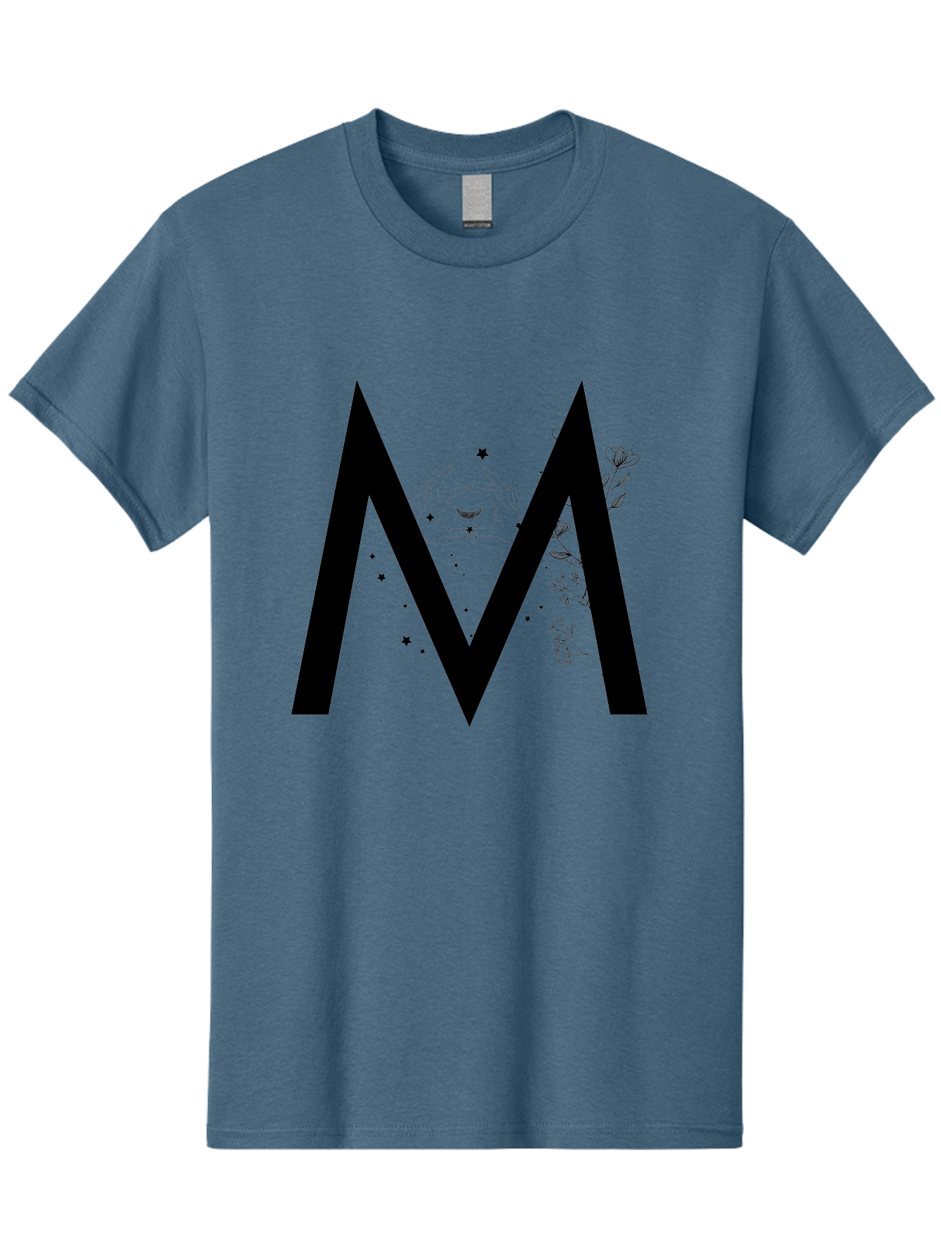 M Men'S Graphic Tee, 100% Cotton, Comfortable Casual Summer Wear, Machine Washable, Mystical M, Black Lettering, Stars, Flowers, Mystical Imagery, Spiritual Symbolism, Celestial Design, Bohemian Style, Modern Mysticism, Dreamy Atmosphere Aac335