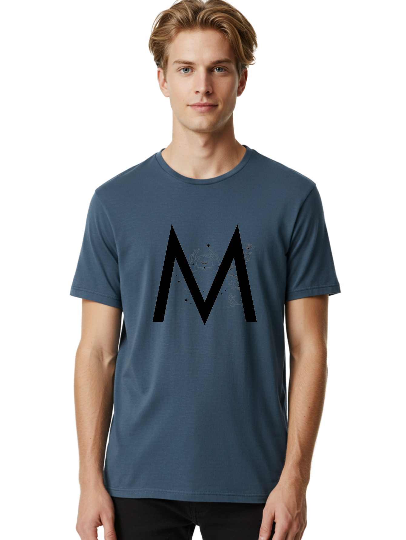 M Men'S Graphic Tee, 100% Cotton, Comfortable Casual Summer Wear, Machine Washable, Mystical M, Black Lettering, Stars, Flowers, Mystical Imagery, Spiritual Symbolism, Celestial Design, Bohemian Style, Modern Mysticism, Dreamy Atmosphere Aac335
