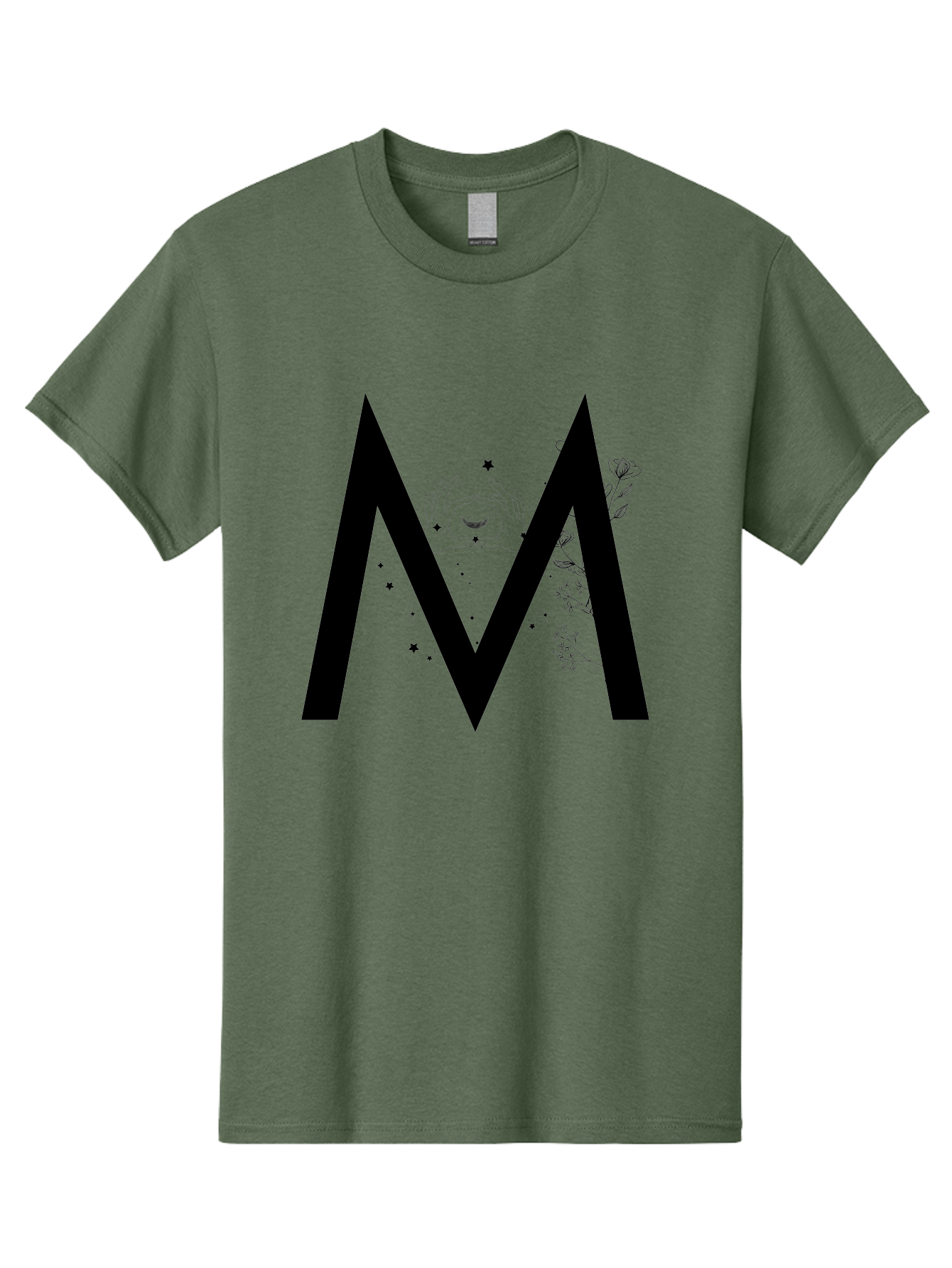M Men'S Graphic Tee, 100% Cotton, Comfortable Casual Summer Wear, Machine Washable, Mystical M, Black Lettering, Stars, Flowers, Mystical Imagery, Spiritual Symbolism, Celestial Design, Bohemian Style, Modern Mysticism, Dreamy Atmosphere Aac335