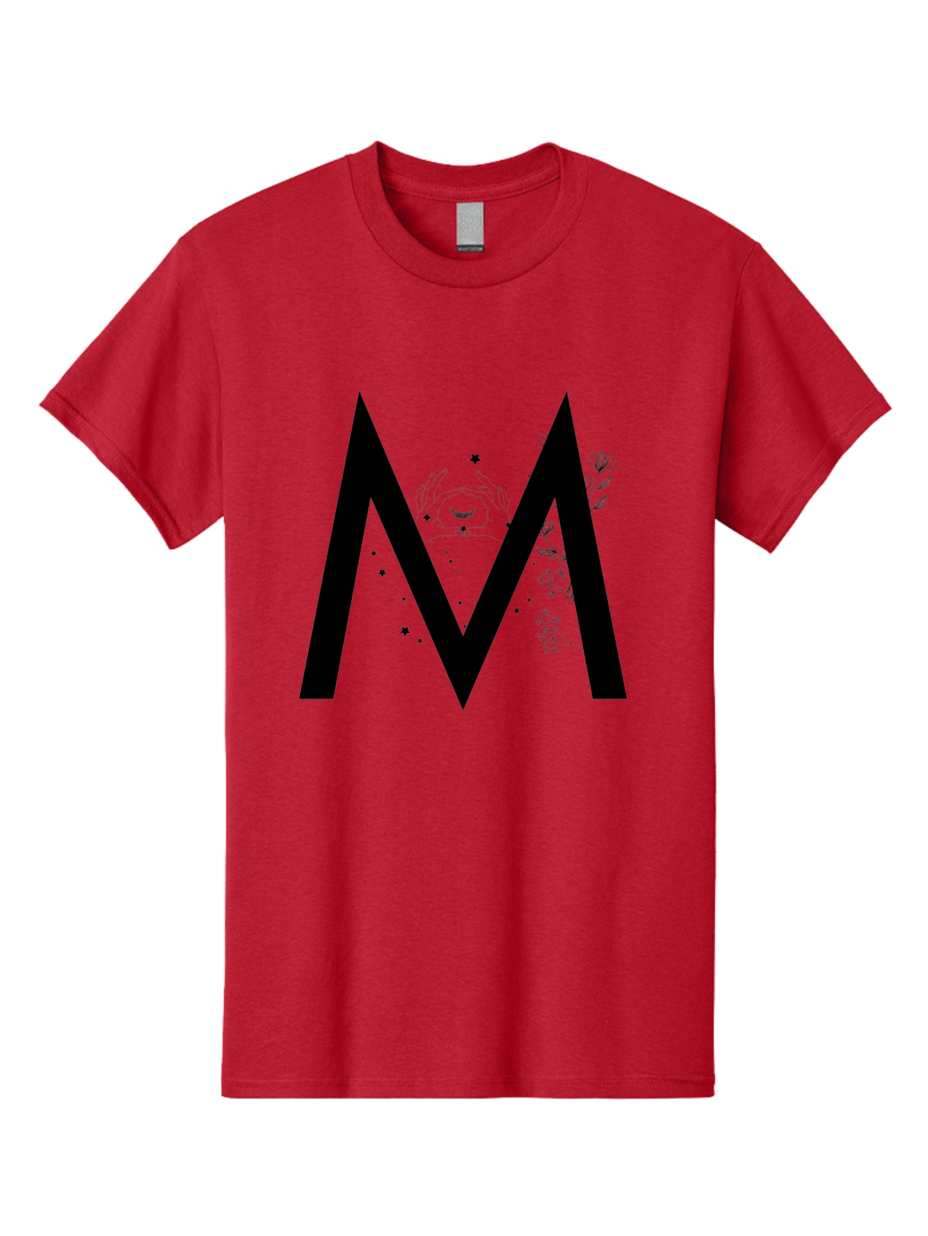 M Men'S Graphic Tee, 100% Cotton, Comfortable Casual Summer Wear, Machine Washable, Mystical M, Black Lettering, Stars, Flowers, Mystical Imagery, Spiritual Symbolism, Celestial Design, Bohemian Style, Modern Mysticism, Dreamy Atmosphere Aac335
