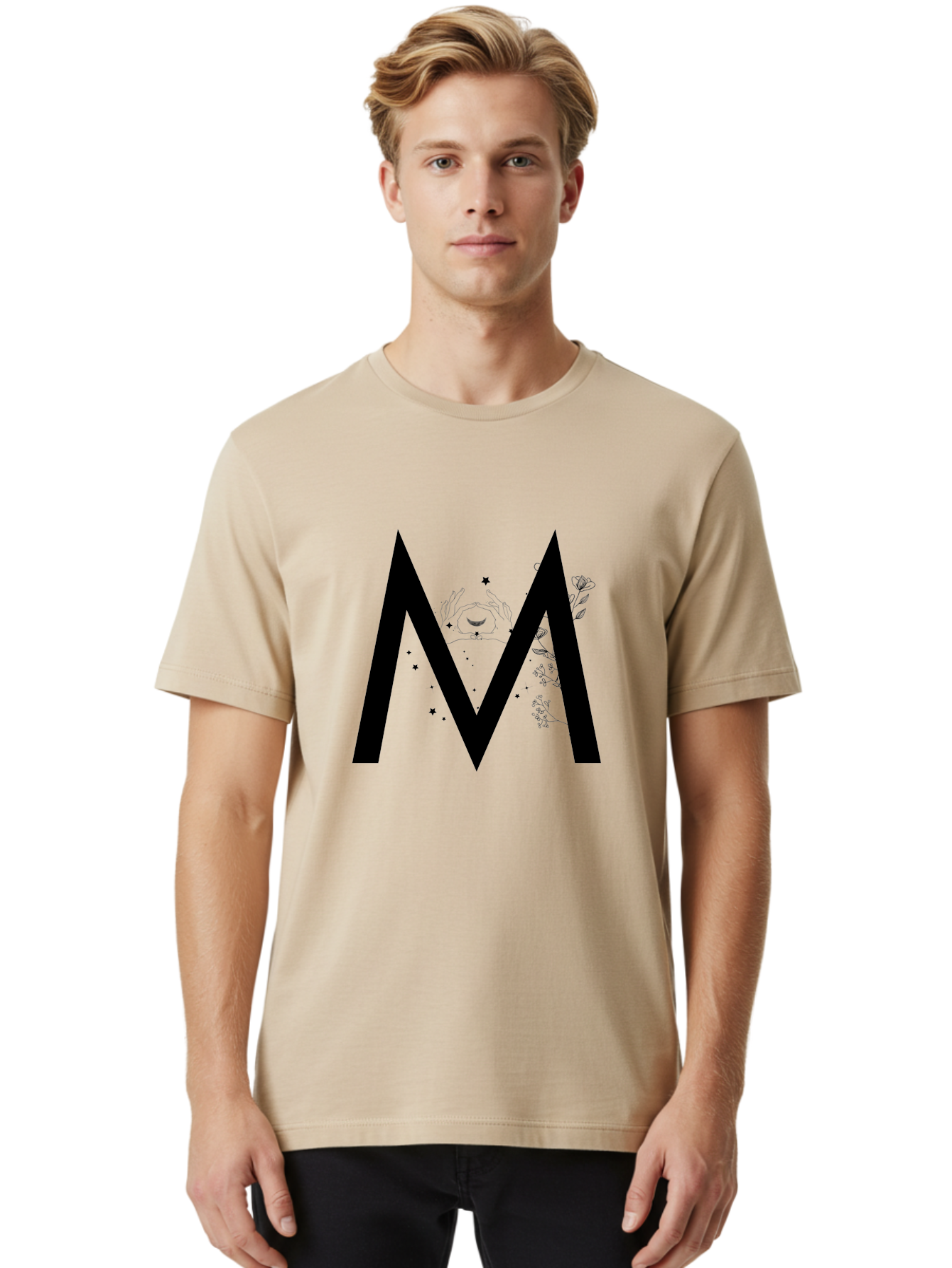 M Men'S Graphic Tee, 100% Cotton, Comfortable Casual Summer Wear, Machine Washable, Mystical M, Black Lettering, Stars, Flowers, Mystical Imagery, Spiritual Symbolism, Celestial Design, Bohemian Style, Modern Mysticism, Dreamy Atmosphere Aac335