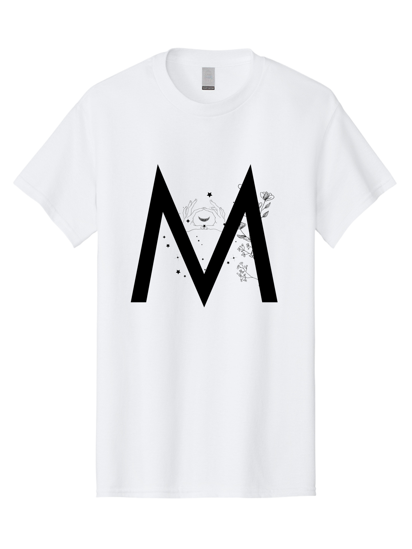 M Men'S Graphic Tee, 100% Cotton, Comfortable Casual Summer Wear, Machine Washable, Mystical M, Black Lettering, Stars, Flowers, Mystical Imagery, Spiritual Symbolism, Celestial Design, Bohemian Style, Modern Mysticism, Dreamy Atmosphere Aac335