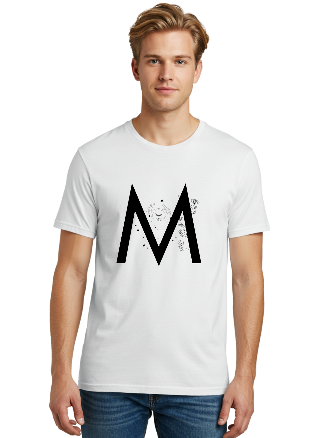 M Men'S Graphic Tee, 100% Cotton, Comfortable Casual Summer Wear, Machine Washable, Mystical M, Black Lettering, Stars, Flowers, Mystical Imagery, Spiritual Symbolism, Celestial Design, Bohemian Style, Modern Mysticism, Dreamy Atmosphere Aac335