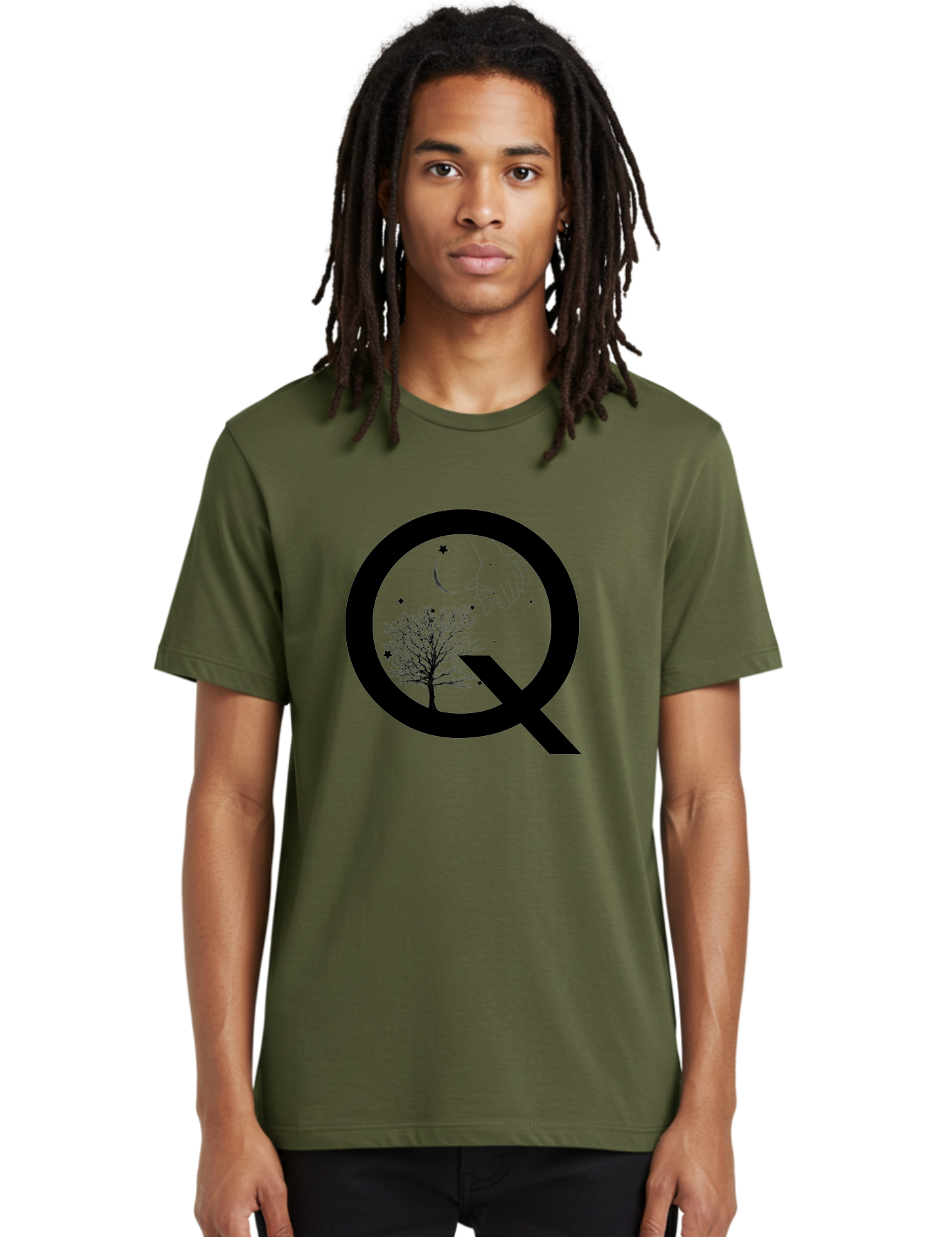 Magnifying-Glass Men'S Graphic Tee, 100% Cotton, Comfortable Casual Summer Wear, Machine Washable, Magnifying Glass, Hand Holding, Tree Silhouette, Crescent Moon And Stars, Astrology, Mysticism, Celestial Body, Botanical Elements Aac336