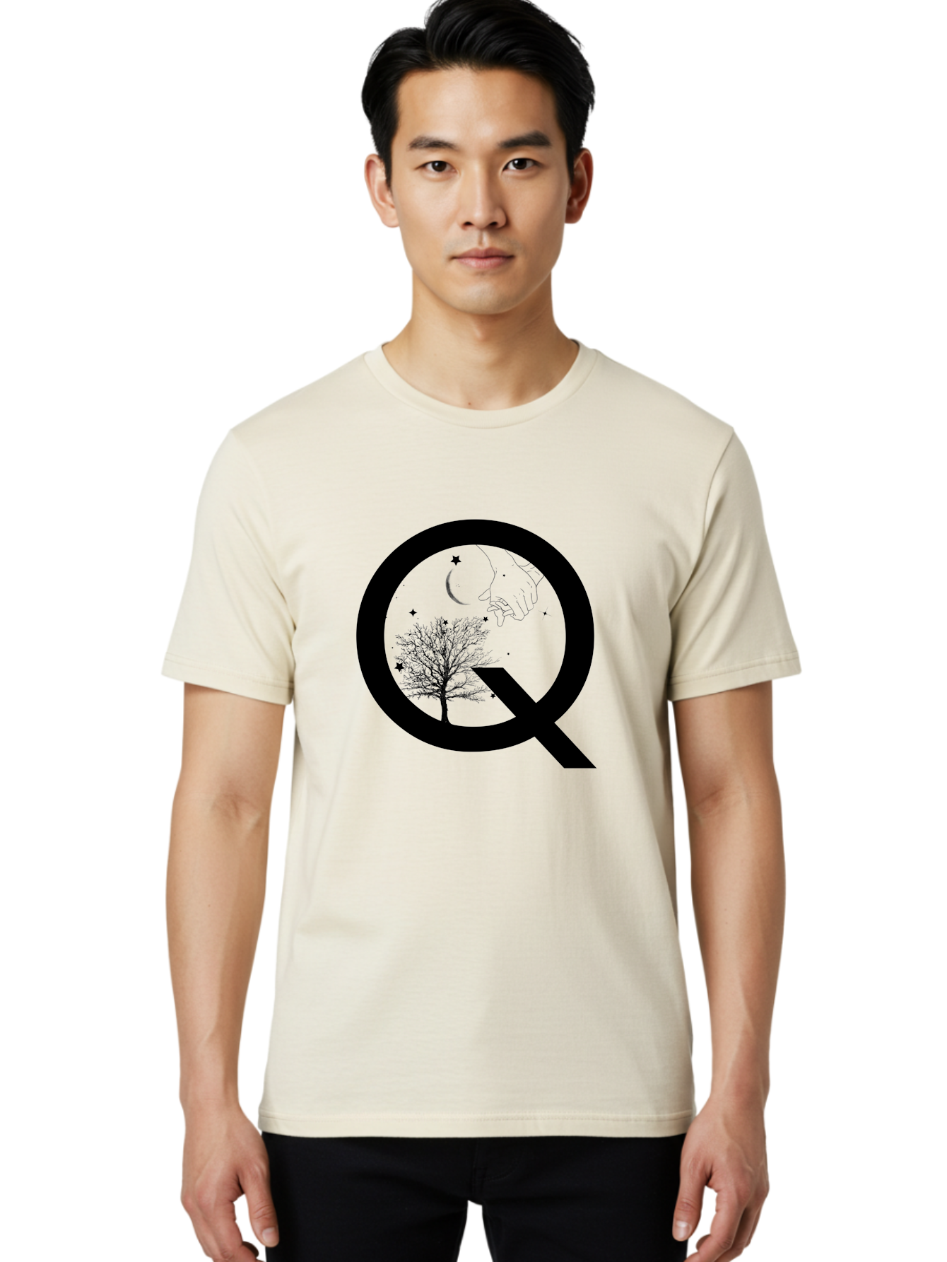 Magnifying-Glass Men'S Graphic Tee, 100% Cotton, Comfortable Casual Summer Wear, Machine Washable, Magnifying Glass, Hand Holding, Tree Silhouette, Crescent Moon And Stars, Astrology, Mysticism, Celestial Body, Botanical Elements Aac336