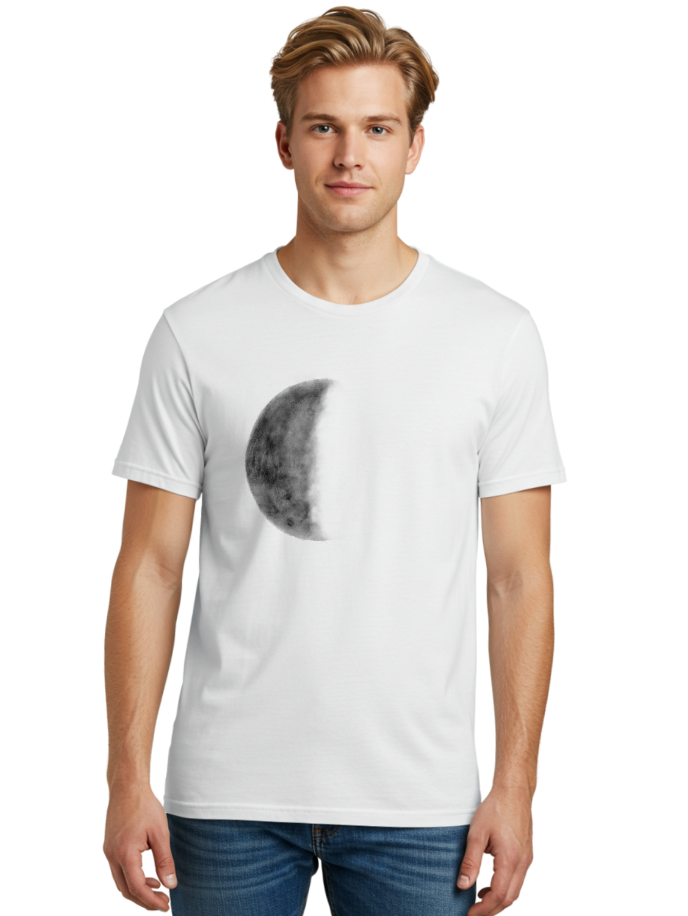 Moon Men'S Graphic Tee, 100% Cotton, Comfortable Casual Summer Wear, Machine Washable, Moon Phase, Lunar Cycle, Half Moon, Moon Surface, Dark Craters, Lunar Texture, Celestial Body, Space Imagery, Astronomy Aac337