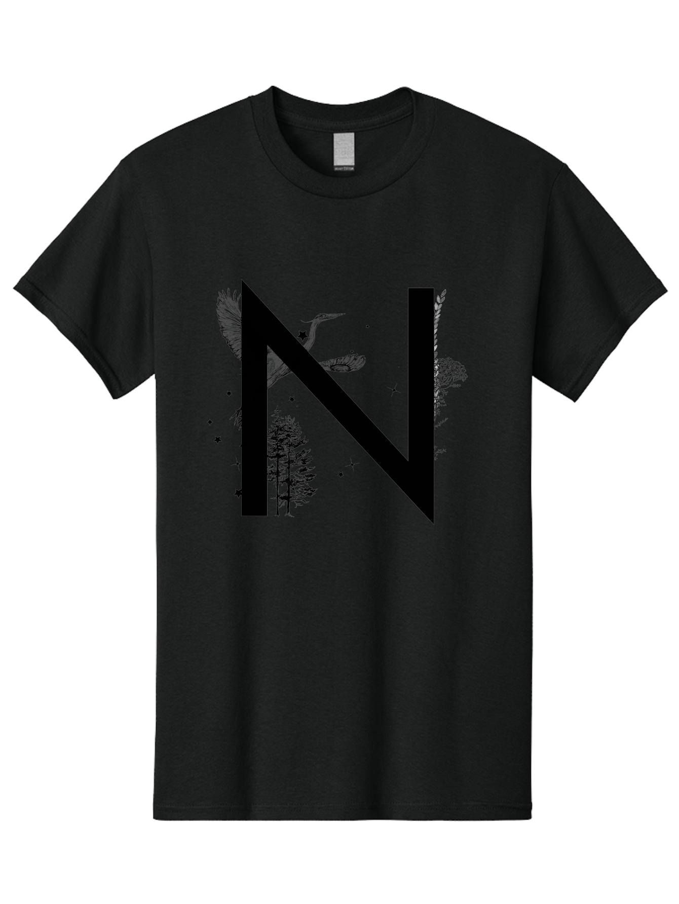 N Men'S Graphic Tee, 100% Cotton, Comfortable Casual Summer Wear, Machine Washable, Stylish N Letter, Logo Design, Nature Inspired, Black Lettering, Floral Elements, Birds In Flight, Stars, Trees, Foliage, Symbolism, Creative Typography Aac338