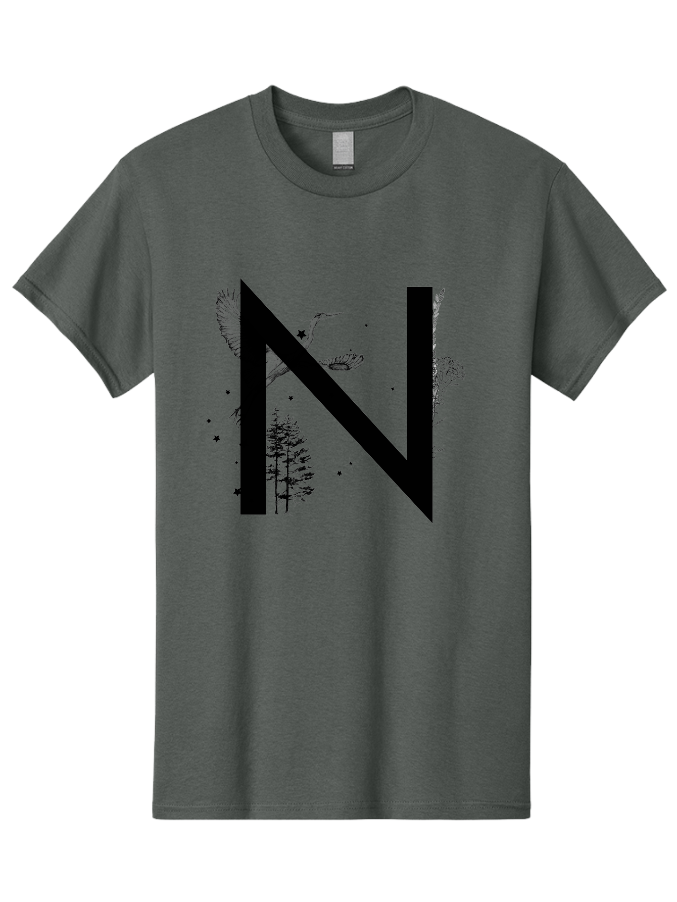 N Men'S Graphic Tee, 100% Cotton, Comfortable Casual Summer Wear, Machine Washable, Stylish N Letter, Logo Design, Nature Inspired, Black Lettering, Floral Elements, Birds In Flight, Stars, Trees, Foliage, Symbolism, Creative Typography Aac338