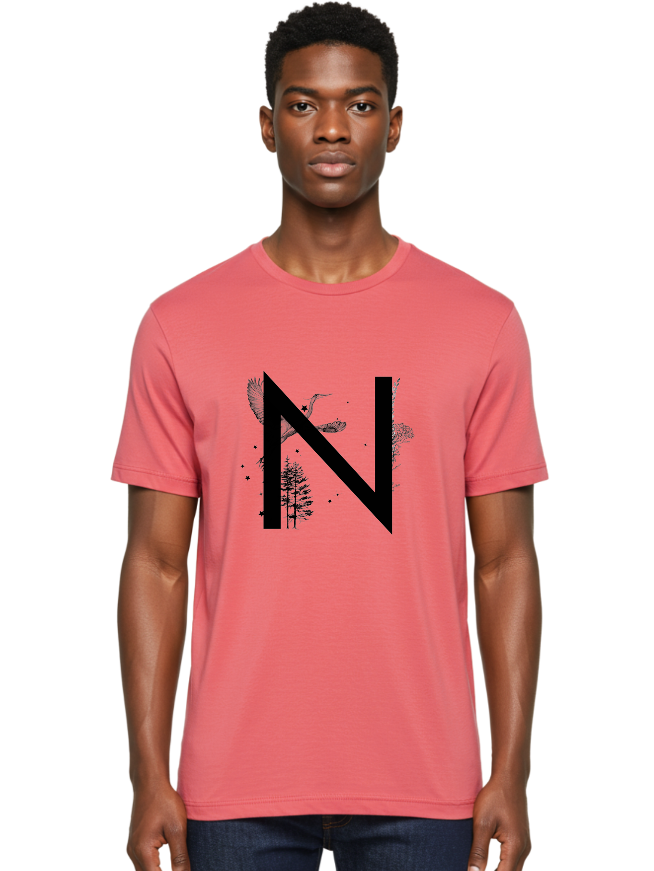 N Men'S Graphic Tee, 100% Cotton, Comfortable Casual Summer Wear, Machine Washable, Stylish N Letter, Logo Design, Nature Inspired, Black Lettering, Floral Elements, Birds In Flight, Stars, Trees, Foliage, Symbolism, Creative Typography Aac338