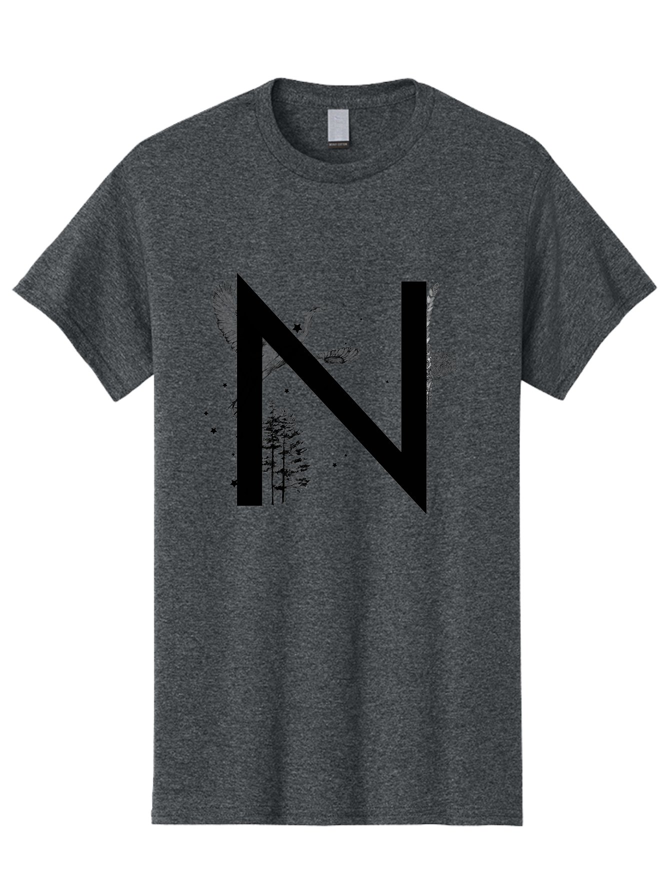 N Men'S Graphic Tee, 100% Cotton, Comfortable Casual Summer Wear, Machine Washable, Stylish N Letter, Logo Design, Nature Inspired, Black Lettering, Floral Elements, Birds In Flight, Stars, Trees, Foliage, Symbolism, Creative Typography Aac338