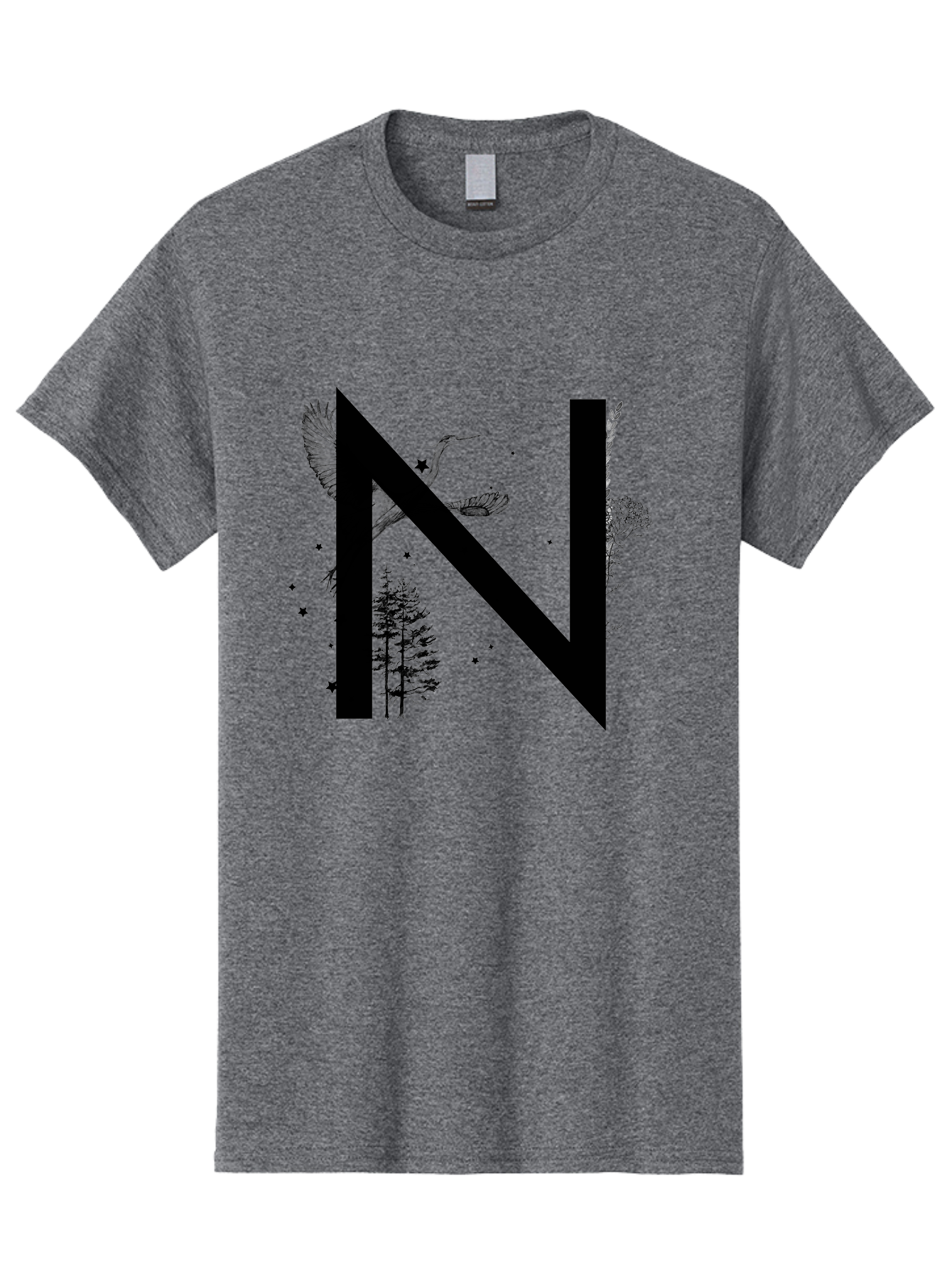 N Men'S Graphic Tee, 100% Cotton, Comfortable Casual Summer Wear, Machine Washable, Stylish N Letter, Logo Design, Nature Inspired, Black Lettering, Floral Elements, Birds In Flight, Stars, Trees, Foliage, Symbolism, Creative Typography Aac338
