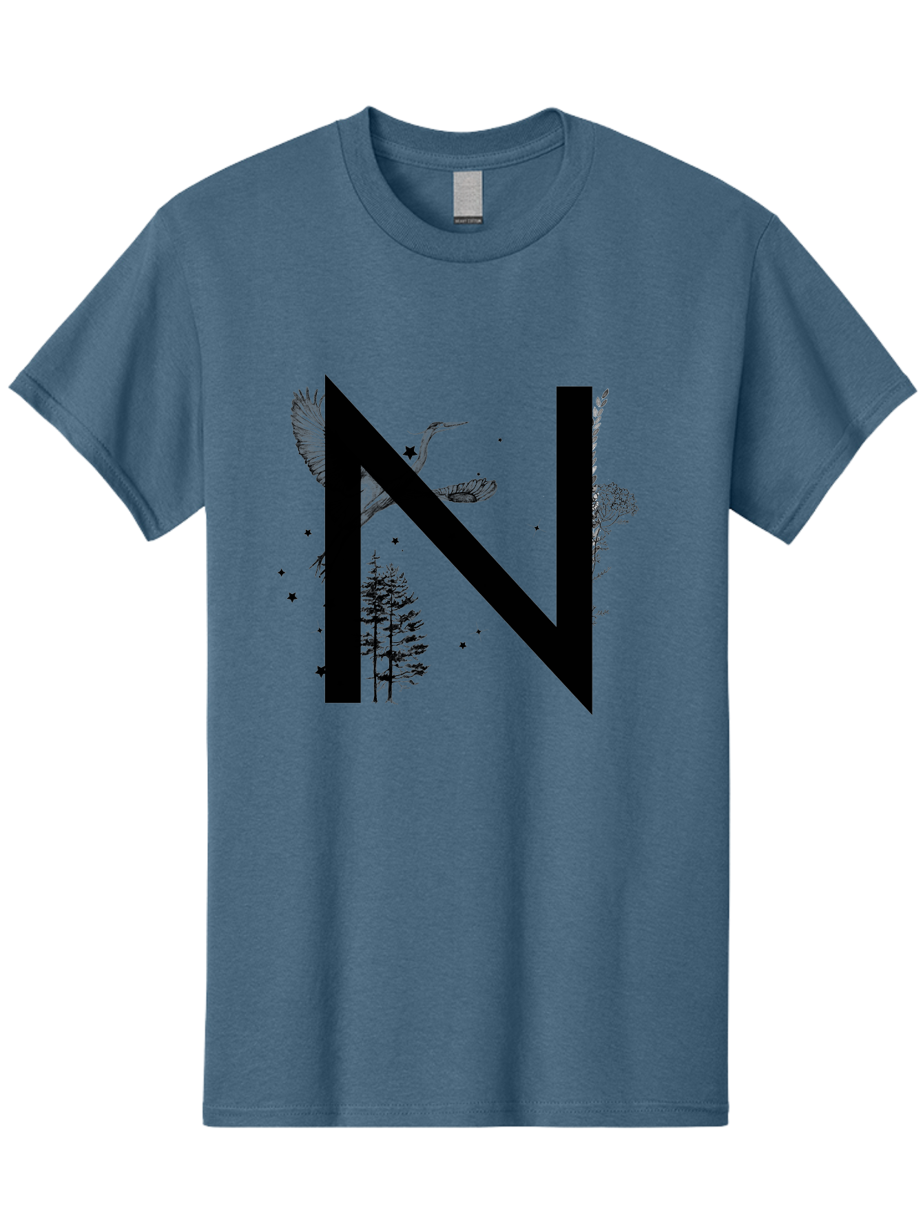 N Men'S Graphic Tee, 100% Cotton, Comfortable Casual Summer Wear, Machine Washable, Stylish N Letter, Logo Design, Nature Inspired, Black Lettering, Floral Elements, Birds In Flight, Stars, Trees, Foliage, Symbolism, Creative Typography Aac338