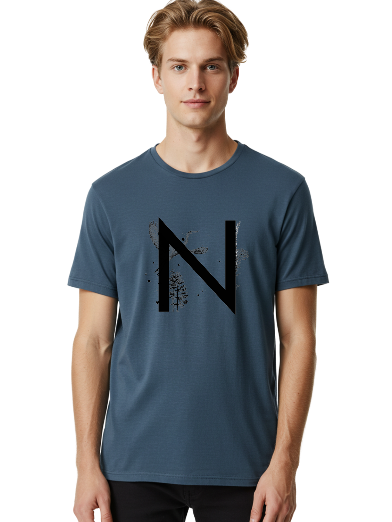 N Men'S Graphic Tee, 100% Cotton, Comfortable Casual Summer Wear, Machine Washable, Stylish N Letter, Logo Design, Nature Inspired, Black Lettering, Floral Elements, Birds In Flight, Stars, Trees, Foliage, Symbolism, Creative Typography Aac338