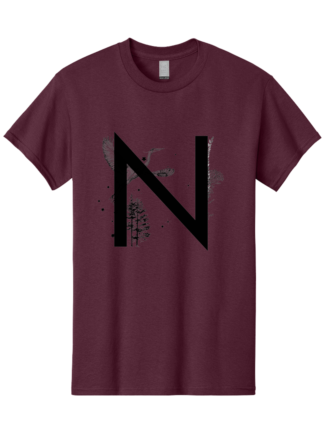 N Men'S Graphic Tee, 100% Cotton, Comfortable Casual Summer Wear, Machine Washable, Stylish N Letter, Logo Design, Nature Inspired, Black Lettering, Floral Elements, Birds In Flight, Stars, Trees, Foliage, Symbolism, Creative Typography Aac338