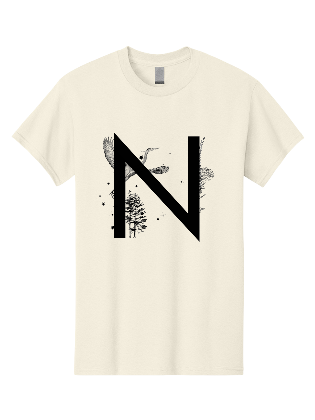 N Men'S Graphic Tee, 100% Cotton, Comfortable Casual Summer Wear, Machine Washable, Stylish N Letter, Logo Design, Nature Inspired, Black Lettering, Floral Elements, Birds In Flight, Stars, Trees, Foliage, Symbolism, Creative Typography Aac338