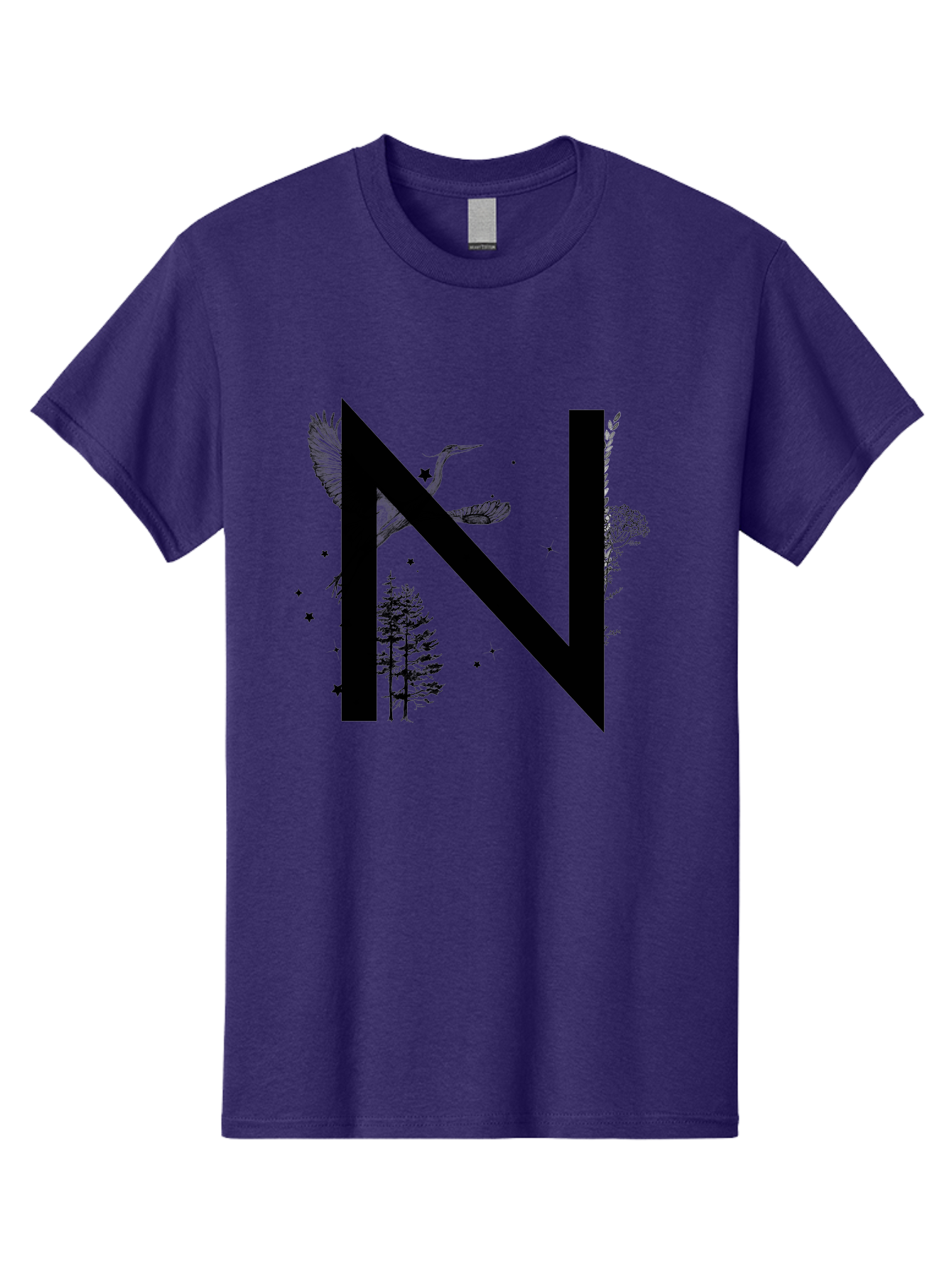N Men'S Graphic Tee, 100% Cotton, Comfortable Casual Summer Wear, Machine Washable, Stylish N Letter, Logo Design, Nature Inspired, Black Lettering, Floral Elements, Birds In Flight, Stars, Trees, Foliage, Symbolism, Creative Typography Aac338