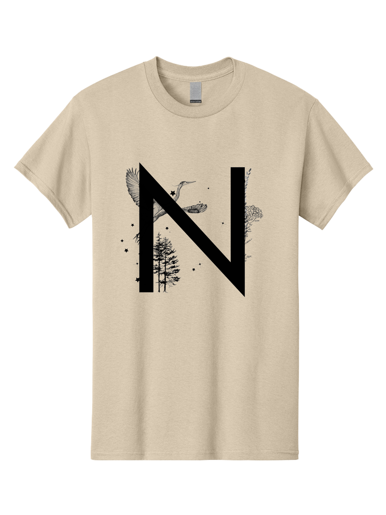 N Men'S Graphic Tee, 100% Cotton, Comfortable Casual Summer Wear, Machine Washable, Stylish N Letter, Logo Design, Nature Inspired, Black Lettering, Floral Elements, Birds In Flight, Stars, Trees, Foliage, Symbolism, Creative Typography Aac338